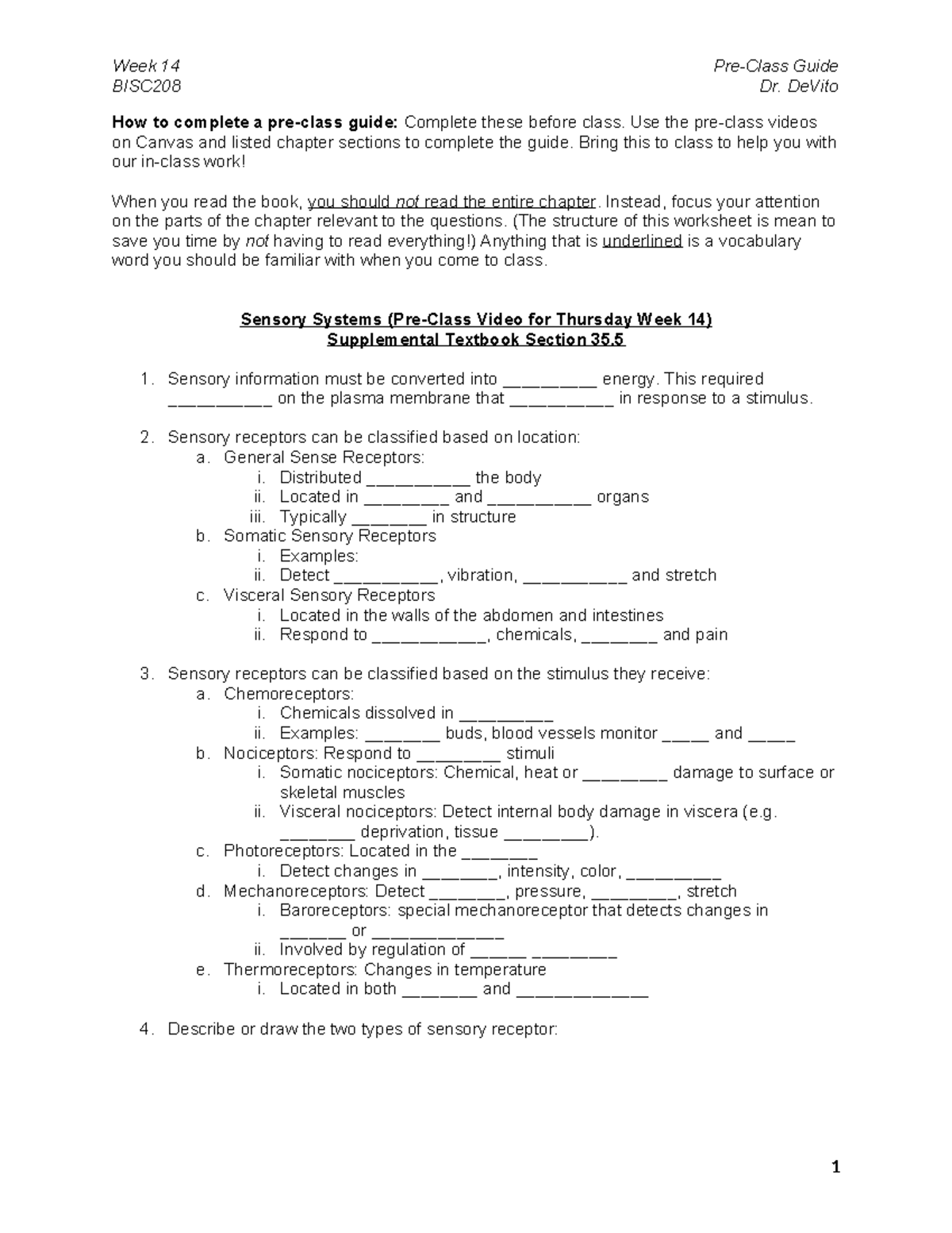 BISC208 Week 14 Pre-Class Guide: Understanding Sensory Systems - Studocu