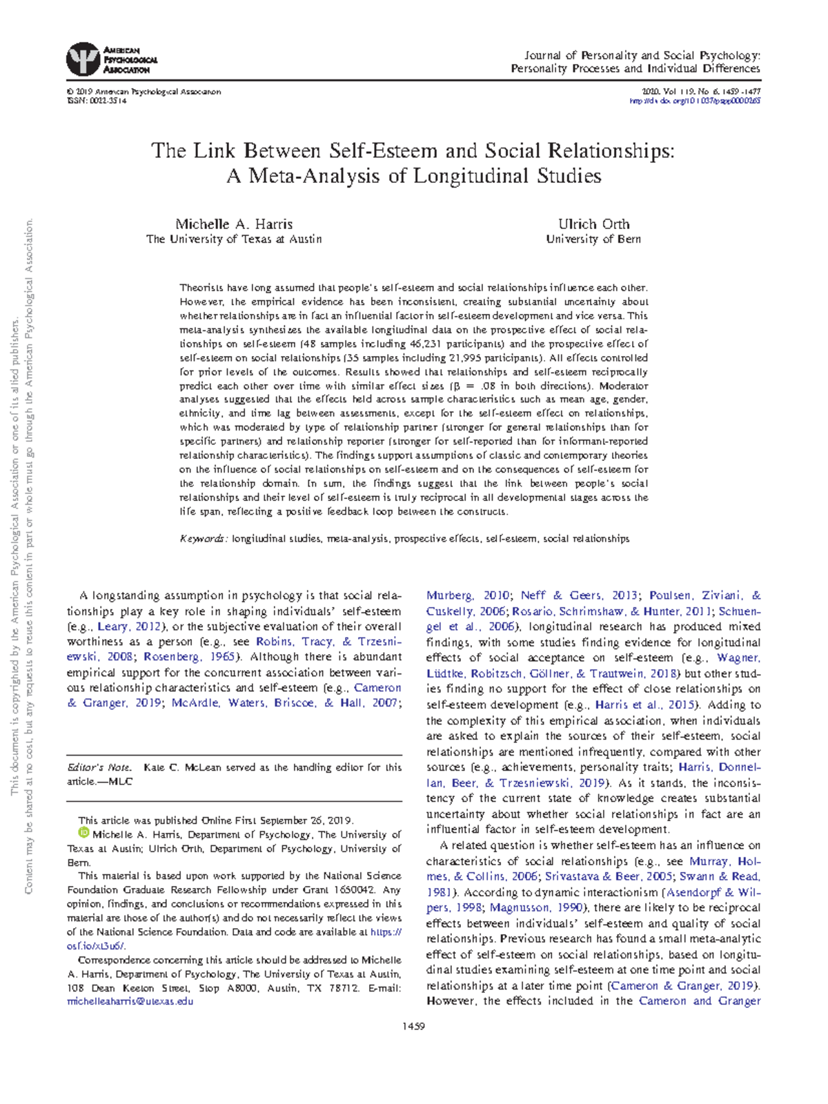 RRL 9 (Esteem) - The Reciprocal Influence of Self-Esteem and ...
