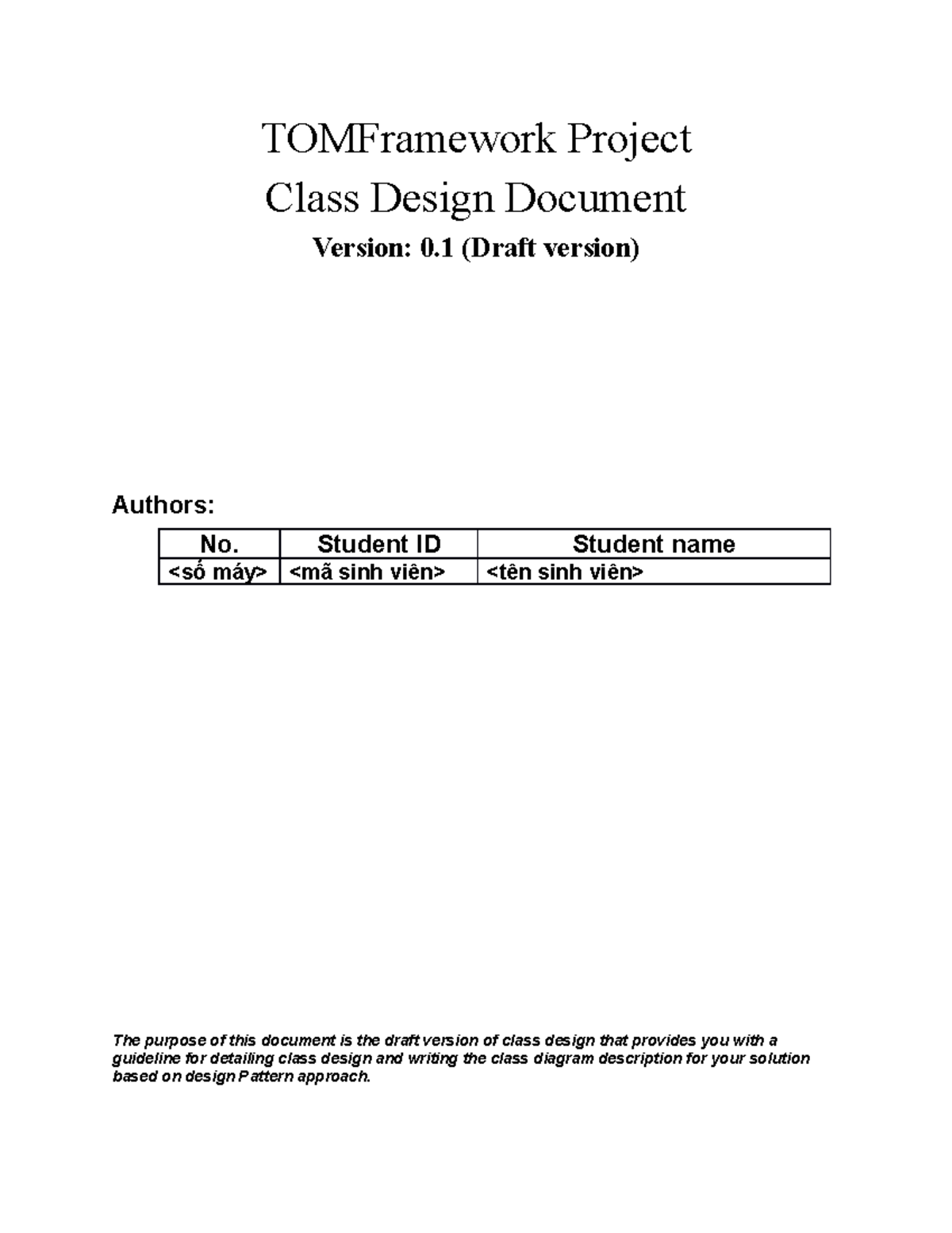 CT240 Class Design Document Template - Draft Version 0.1 - Studocu
