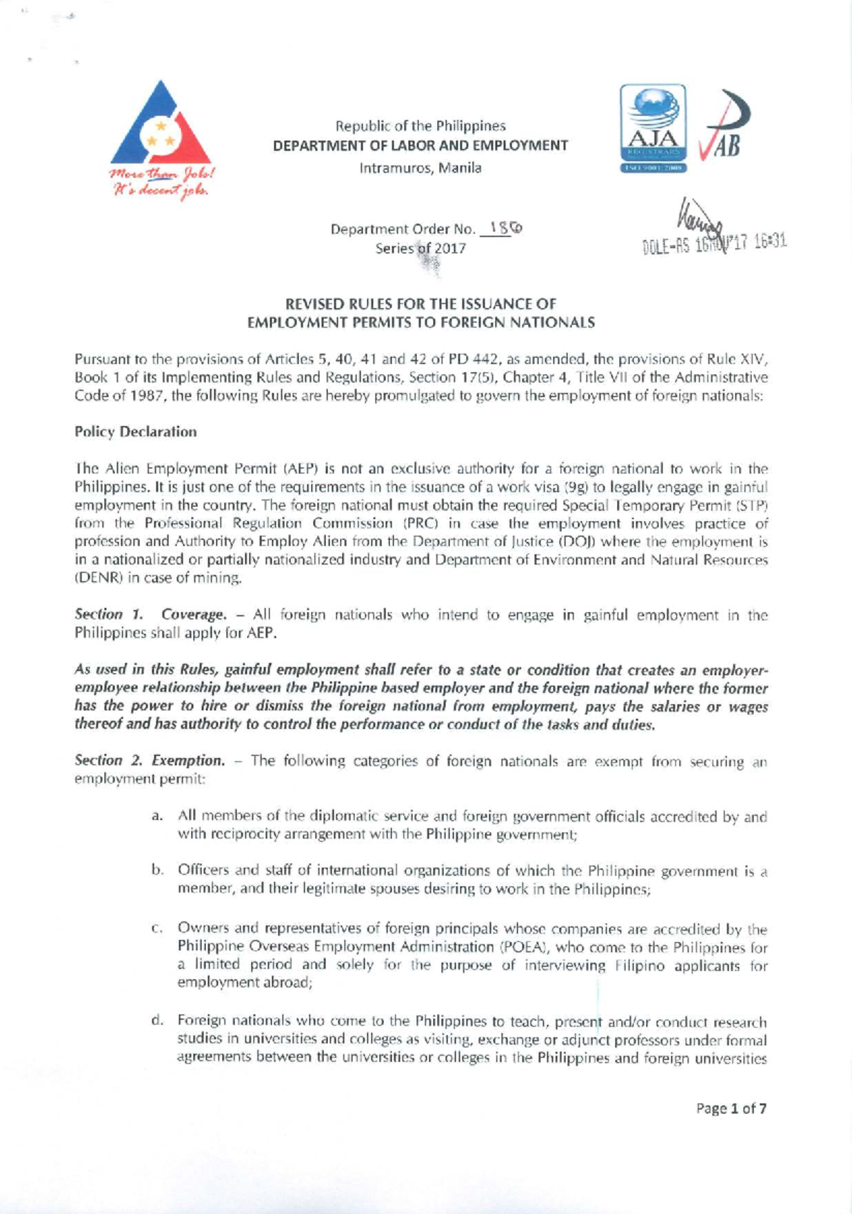 DO 186-17: Revised Rules for Employment Permits for Foreign Nationals ...