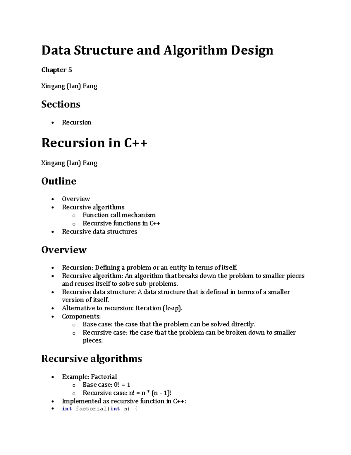 Data Structures and Algorithms: Chapter 5 - Recursion Overview - Studocu