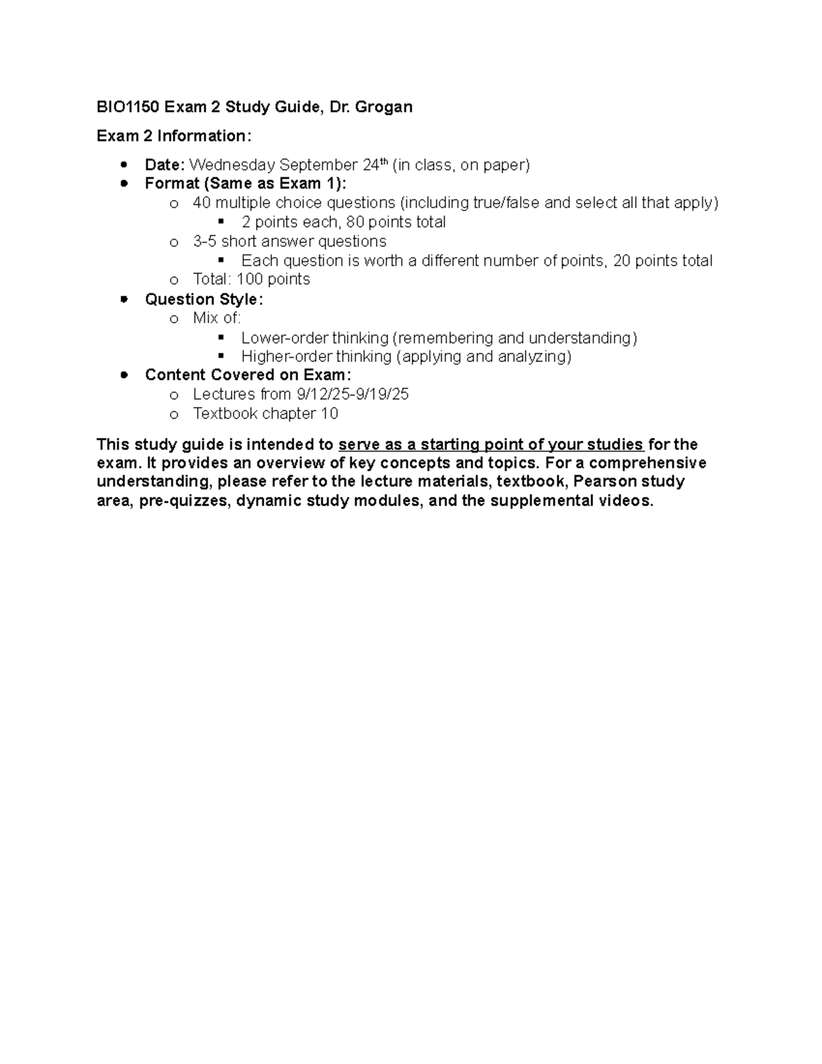 BIO1150 Exam 2 Study Guide: Key Concepts & Questions - Studocu