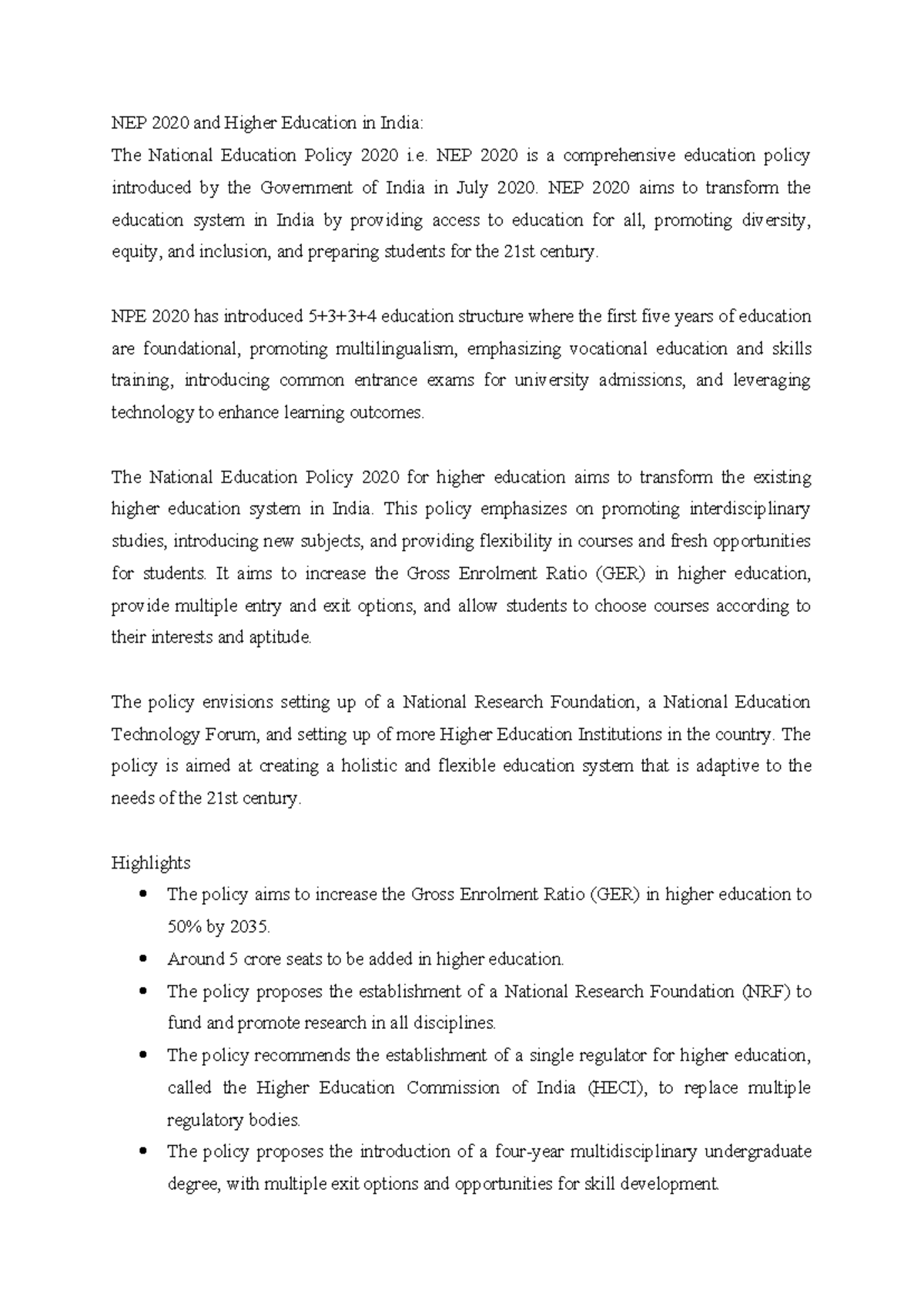 NEP 2020 and Higher Education in India - NEP 2020 is a comprehensive ...