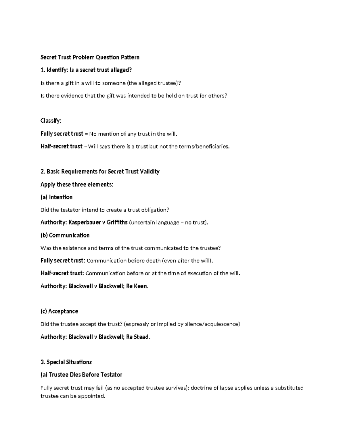 Secret Trusts: Problem Question Pattern & Analysis Guide - Studocu