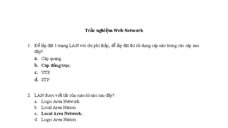 Trắc nghiệm Web-Network: Câu hỏi và đáp án về mạng LAN - Studocu