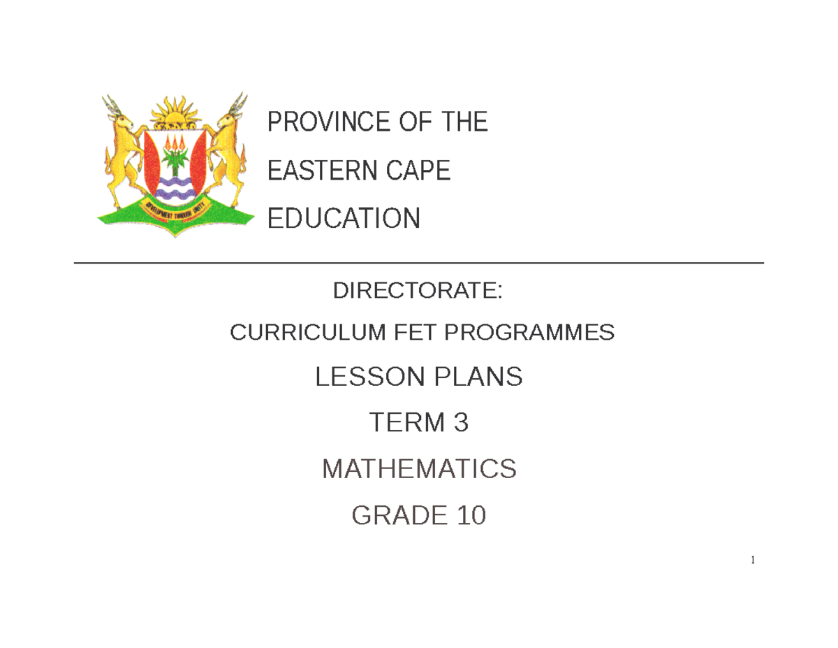 TERM3 LP Maths Grade 10 - Comprehensive Lesson Plans Overview - Studocu