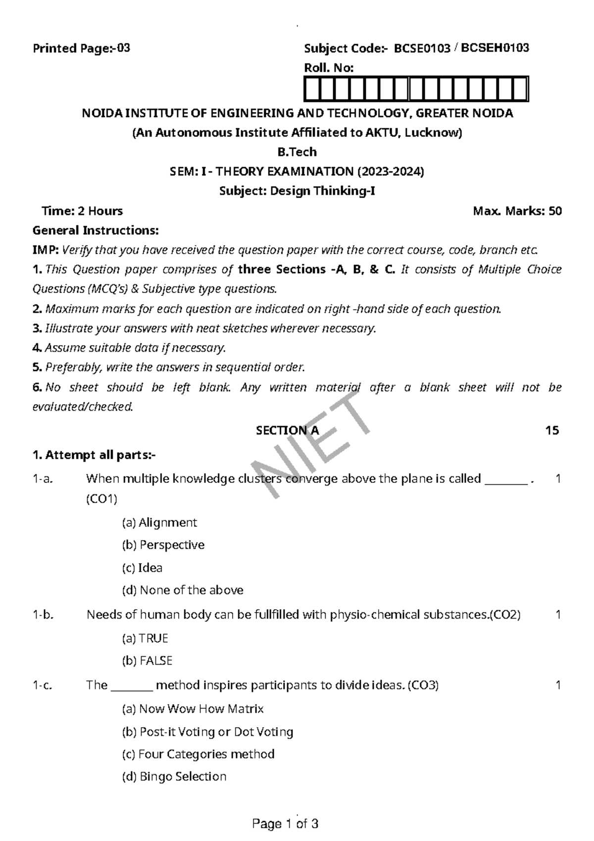 Design Thinking-I Midterm Exam Paper (BCSE 2023-2024) - Studocu
