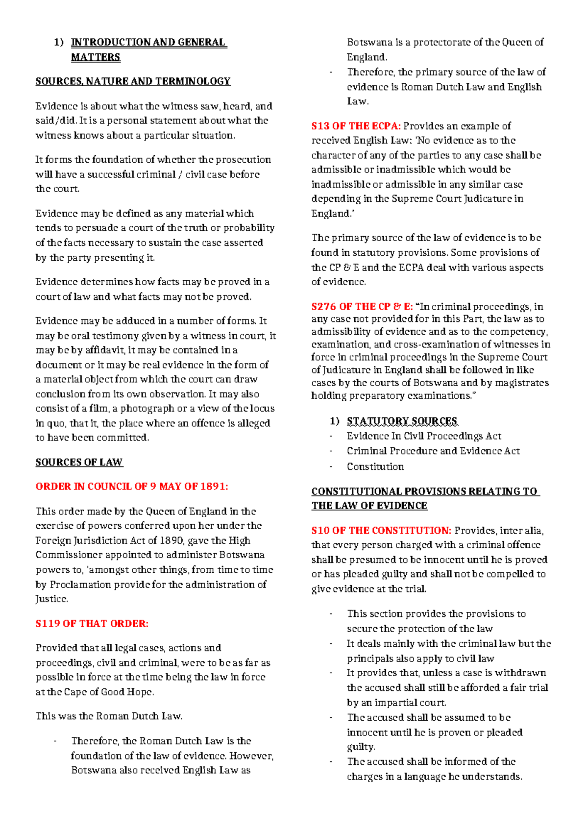 Evidence Law (LAW 101) Final Exam Notes: Sources & Principles - Studocu