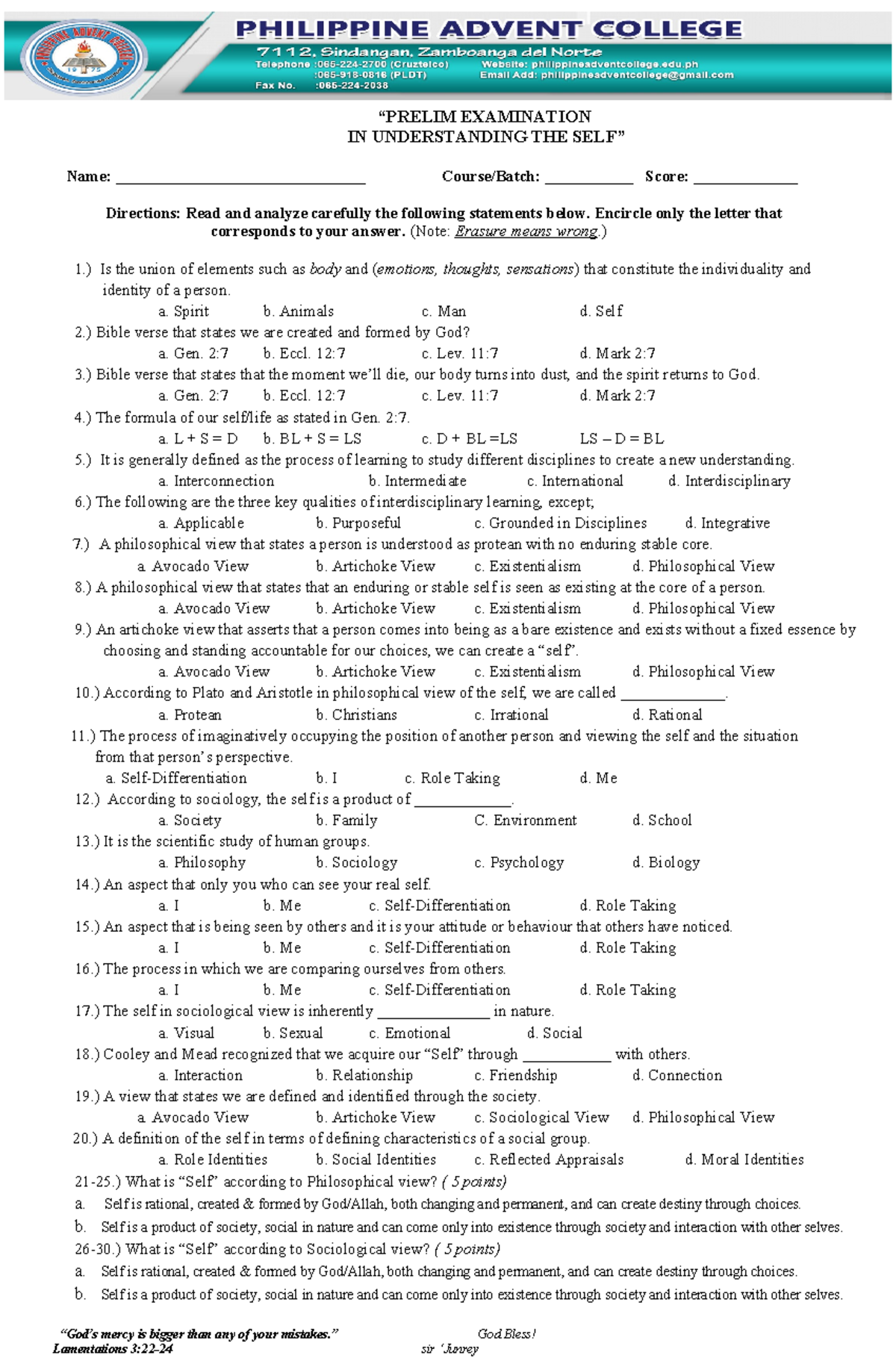 UTS-Pre. Exam (2026) - Understanding the Self: Sample Questions - Studocu