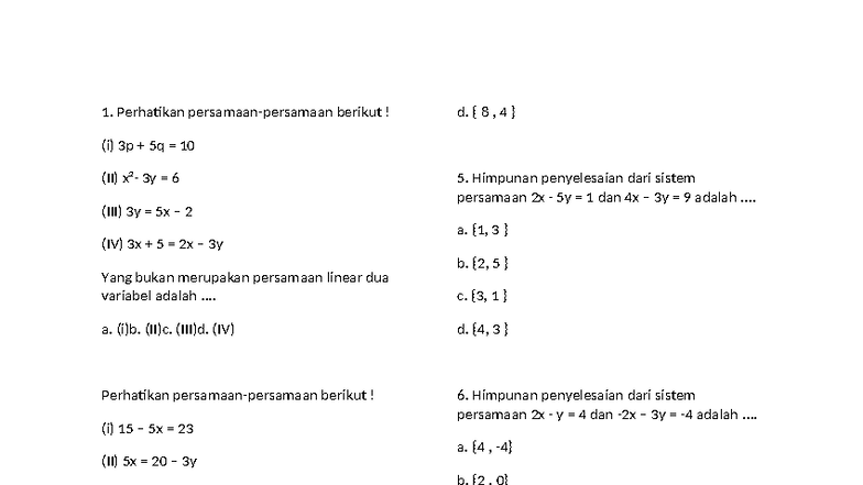 Soal spldv - math - Perhatikan persamaan-persamaan berikut! (i) 3p + 5q ...