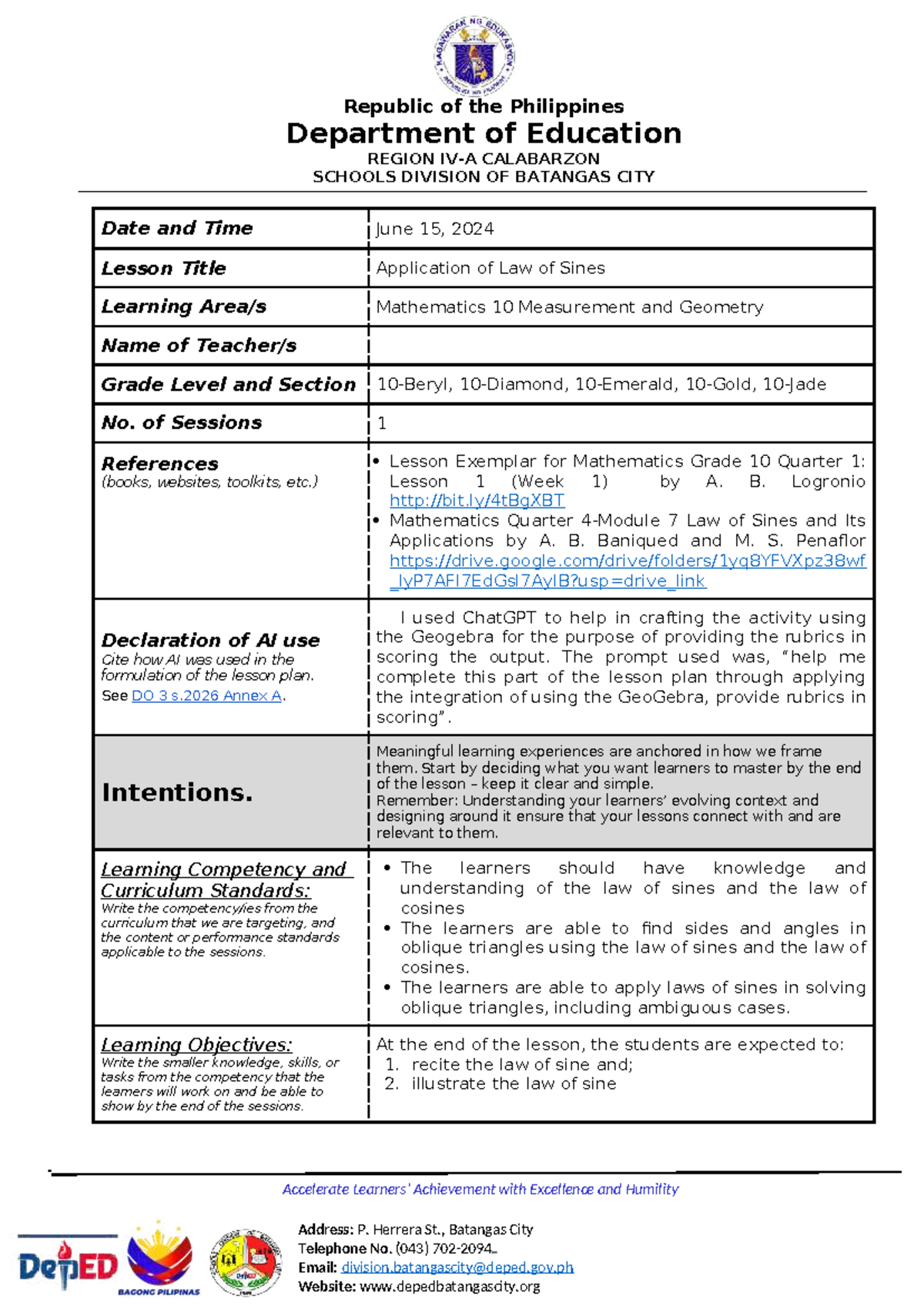 G10Math Term1 W1 Lesson Plan: Law of Sines Application - Studocu