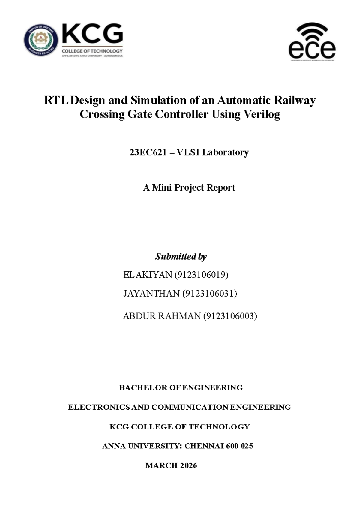 23EC621 VLSI Lab Mini Project: Automatic Railway Gate Control System ...