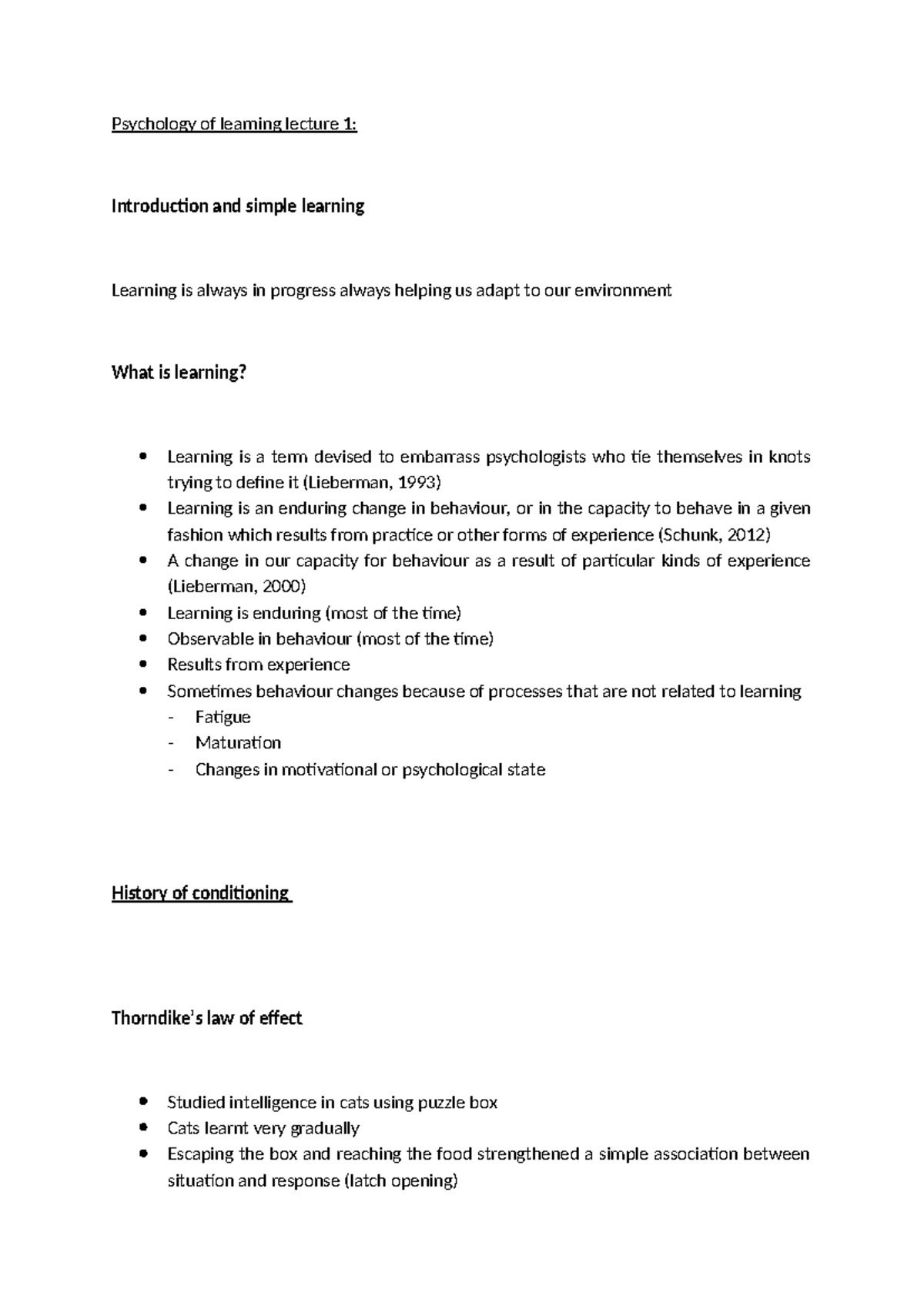 Psychology of learning lecture notes - Psychology of learning lecture 1 ...