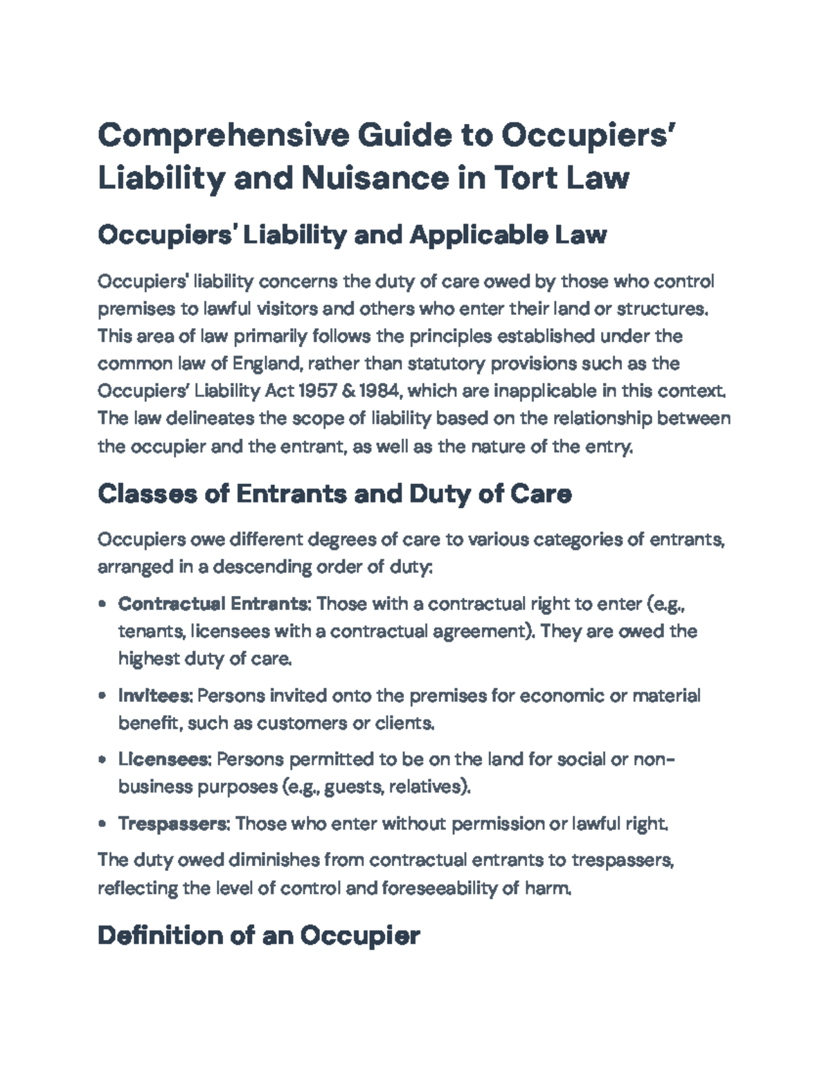 Comprehensive Guide to Occupiers' Liability and Nuisance in Tort Law ...