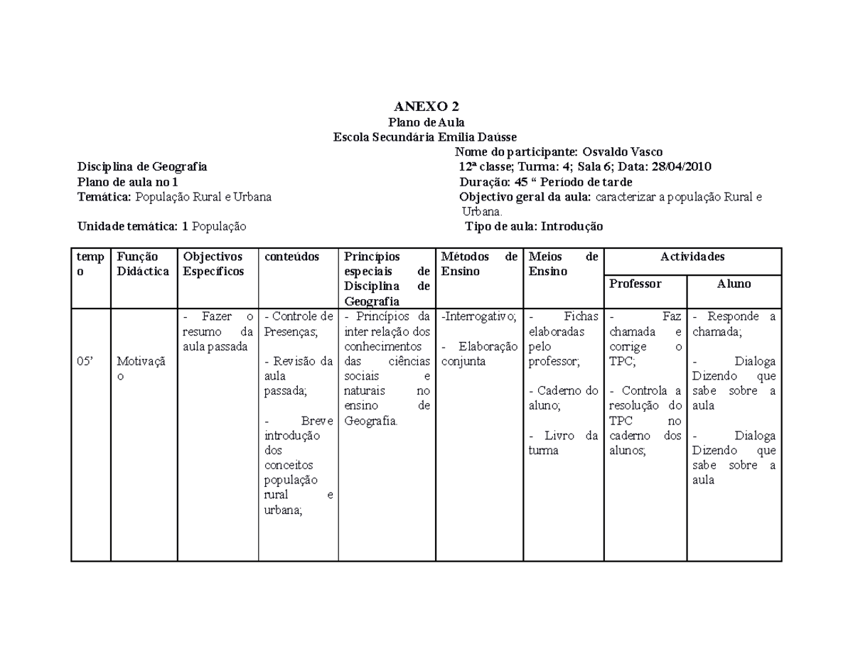 Plano de Aula 1 - Geografia 12ª Classe - População Rural e Urbana - Document Preview