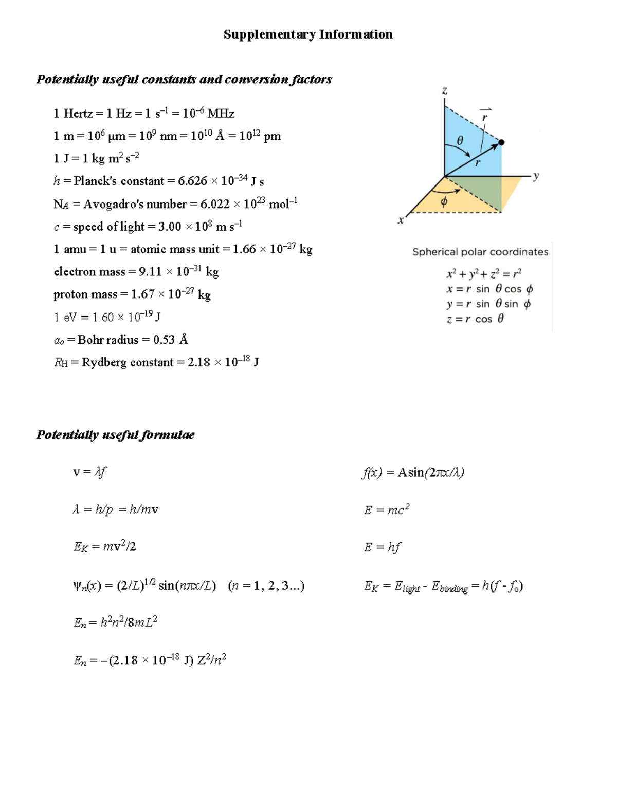 2023W1 CHEM 121 Formula Sheet & Useful Constants Guide - Studocu