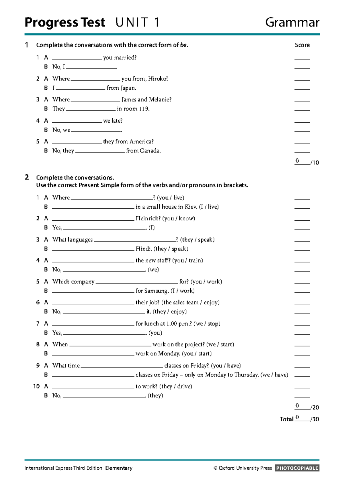 IE Elementary Progress Test 1 - Grammar, Vocabulary & Functions - Studocu