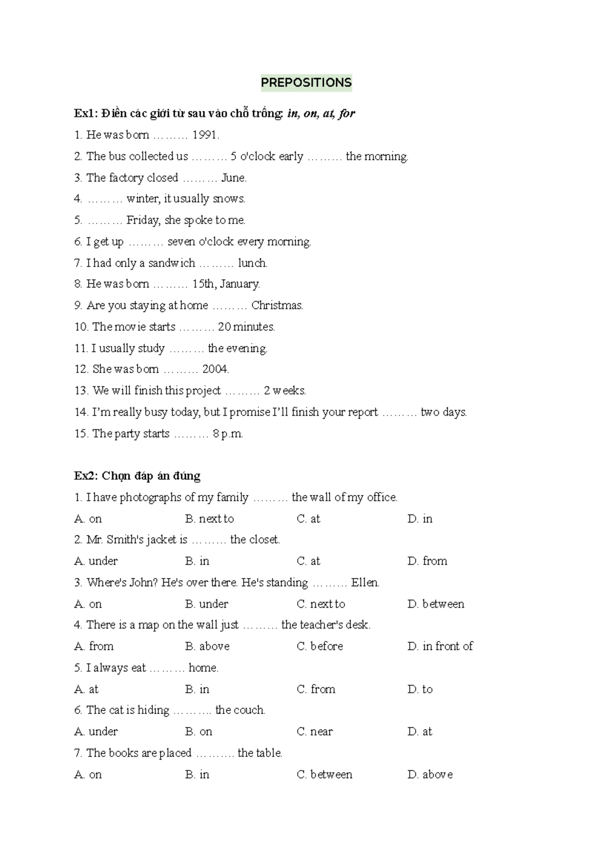 Prepositions - Practice Exercises and Examples - Studocu
