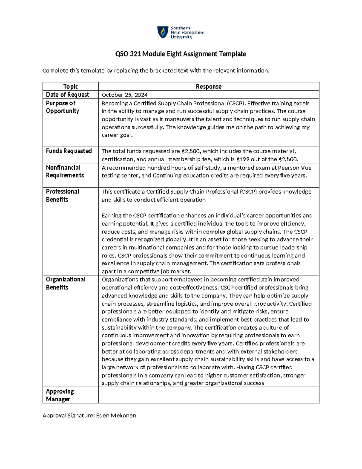 QSO 321 8-2 Assignment: Request for CSCP Professional Development Funds ...