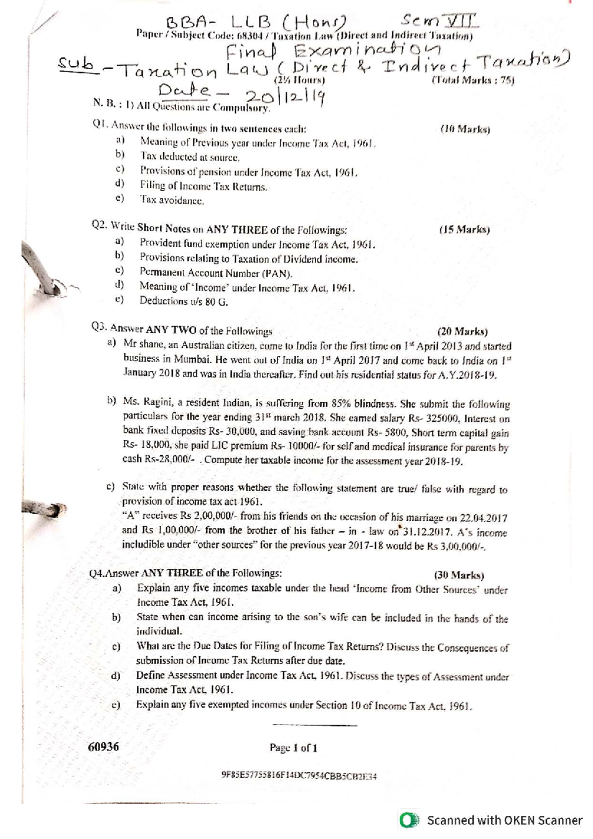 LLB (Hons) 68304 Taxation Law Final Exam Notes and Questions - Studocu