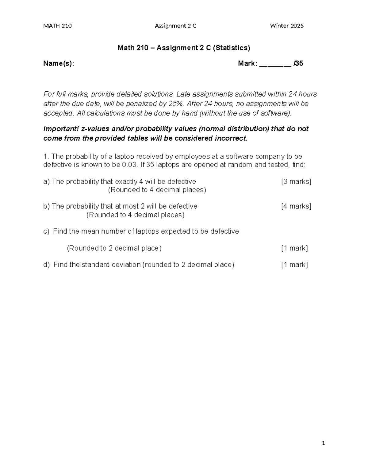 Math 210 Assignment 2C: Statistics Problems & Solutions Winter 2025 ...