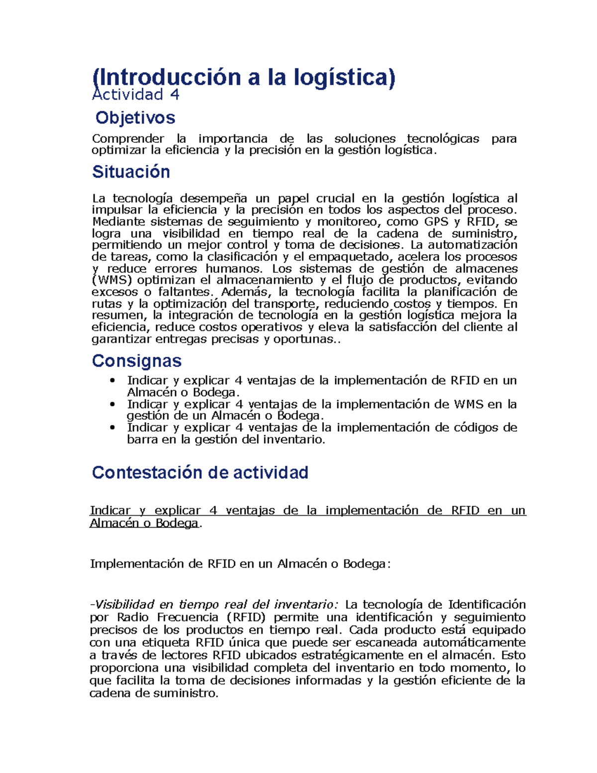 Instrucciones API4-1: Ventajas de RFID y WMS en Logística - Studocu