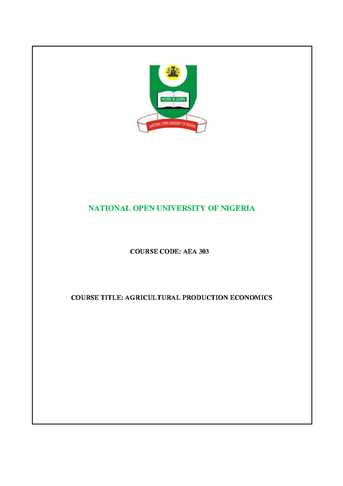 AEA 303 - Agricultural Economics - NATIONAL OPEN UNIVERSITY OF NIGERIA ...