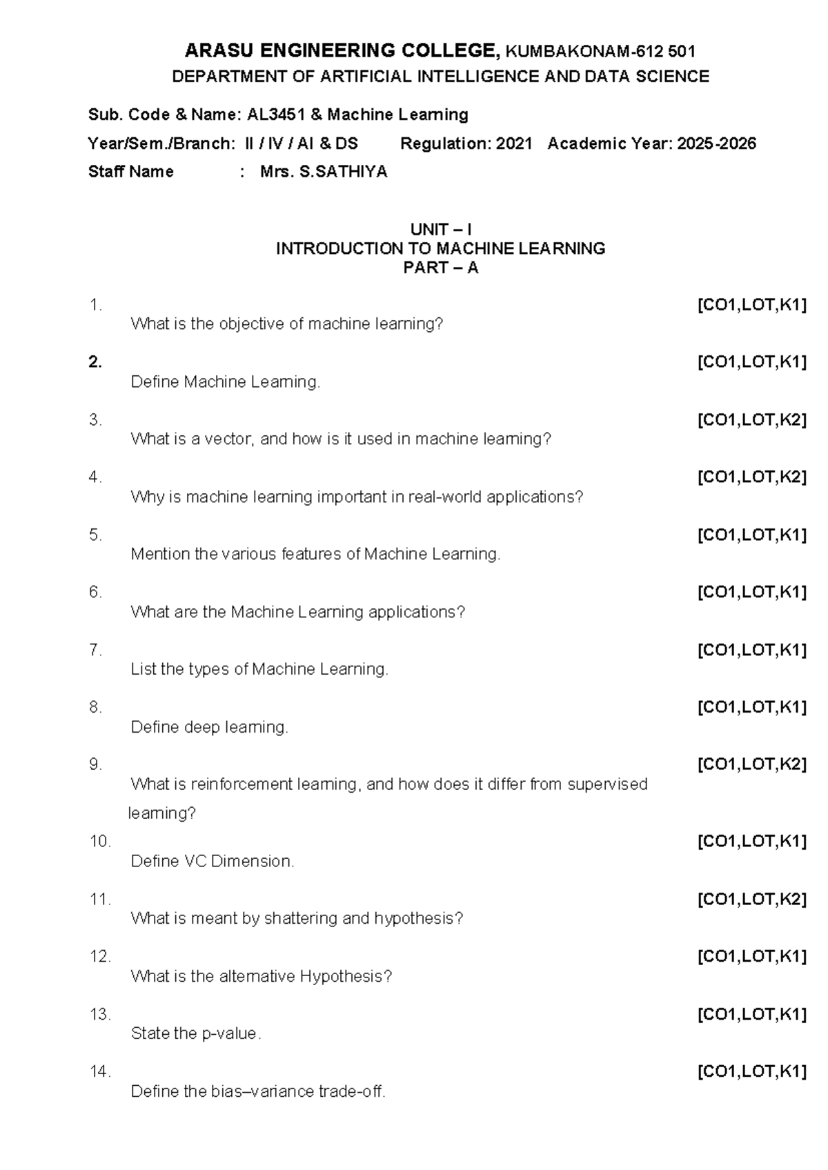 ML Final Exam QB - AL3451 Machine Learning II Question Bank - Studocu