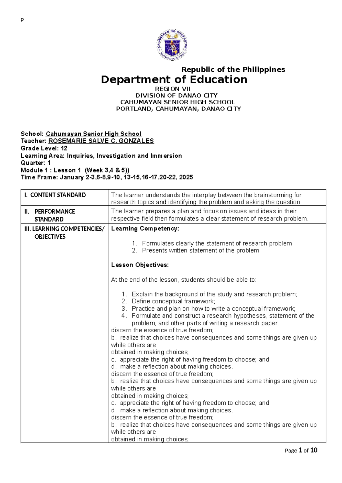 Lesson plan module 1 week 3,4,5 - P Republic of the Philippines ...