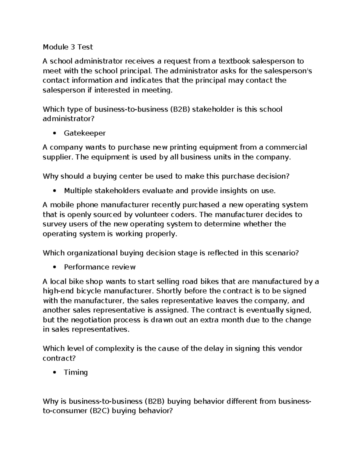 D0199 Sales Questions - Module 3 answers - Module 3 Test A school ...