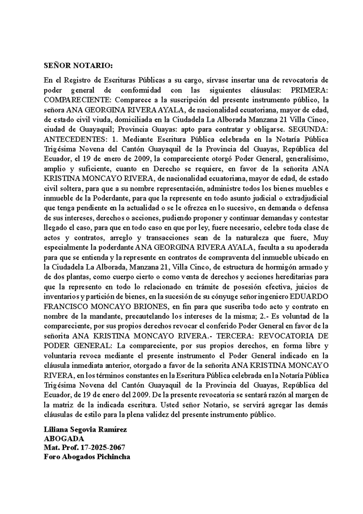 Revocatoria de Poder General - MINUTA Legal - Document Preview