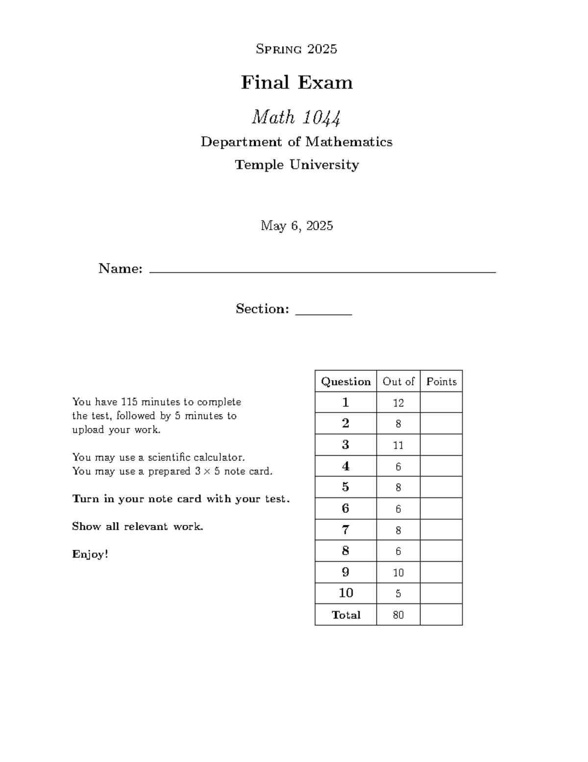 Spring 2025 Math 1044 Final Exam Solutions and Answers - Studocu