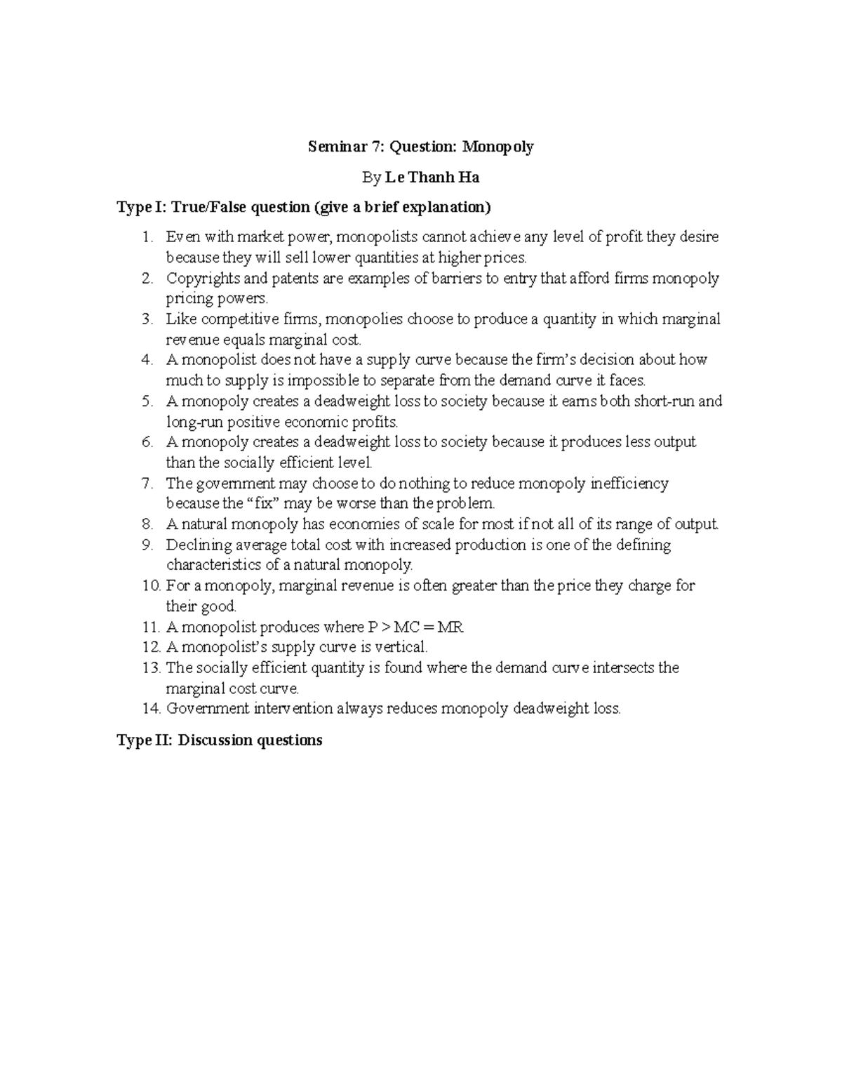 Monopoly Seminar 7 Q & Discussion Topics on Market Power - Studocu