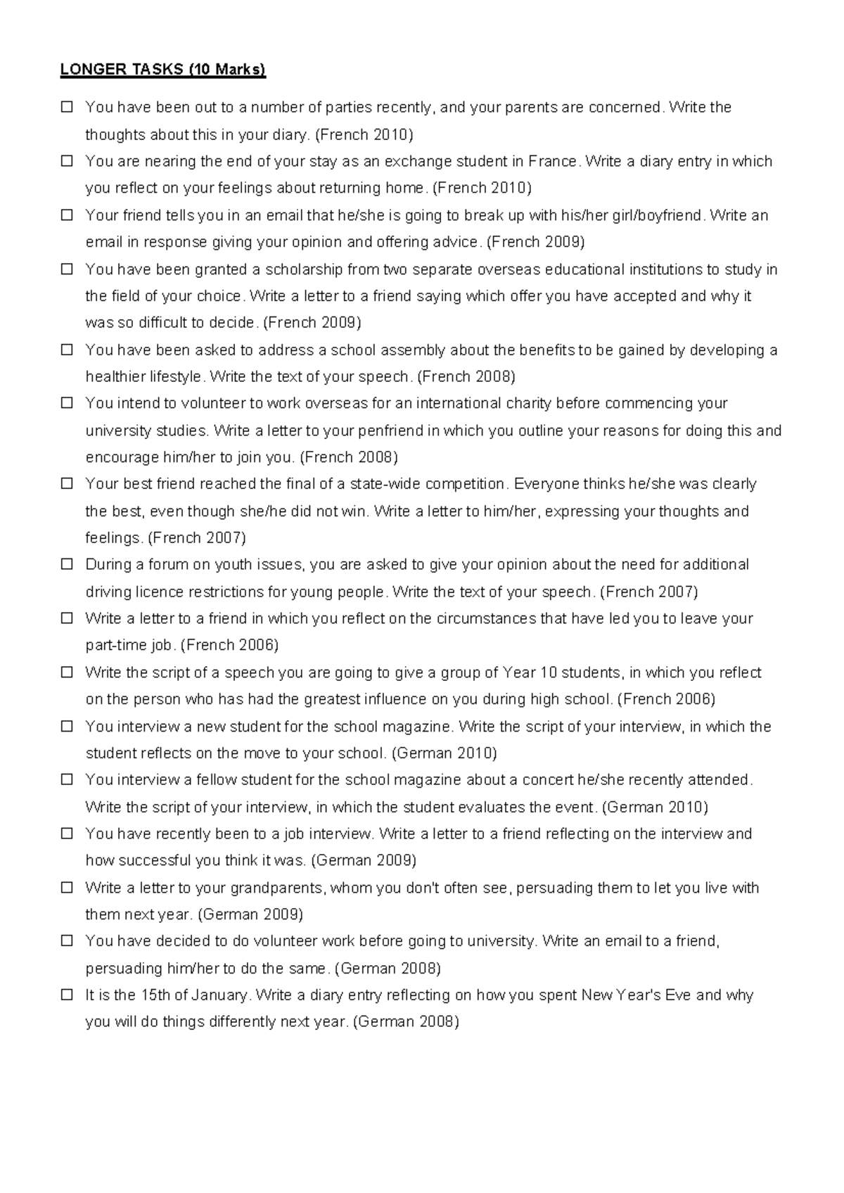 Languages Practice Questions - Extended Writing Tasks - LONGER TASKS ...