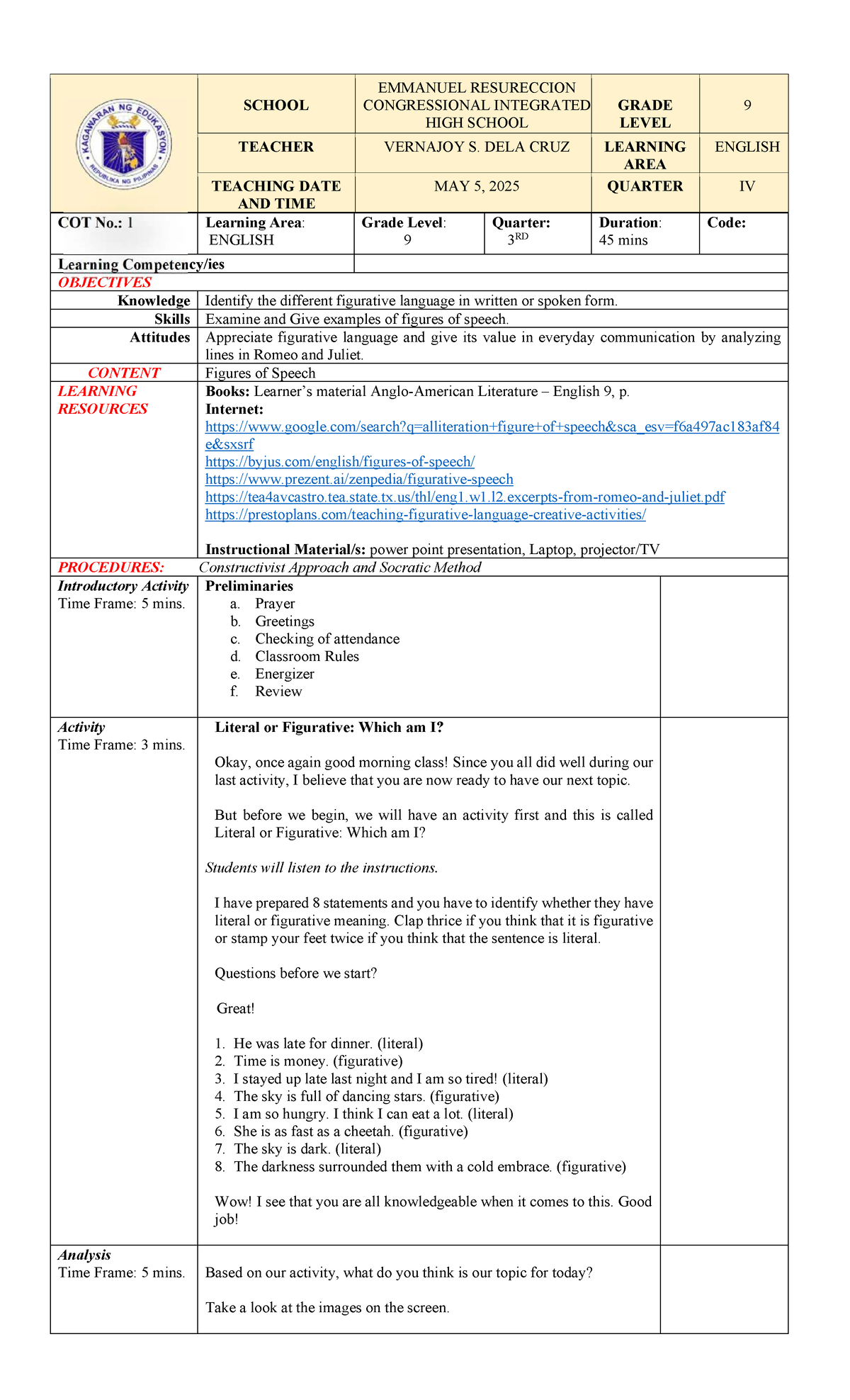 LP Junior: Figures of Speech in English 9 - Lesson Plan - Studocu