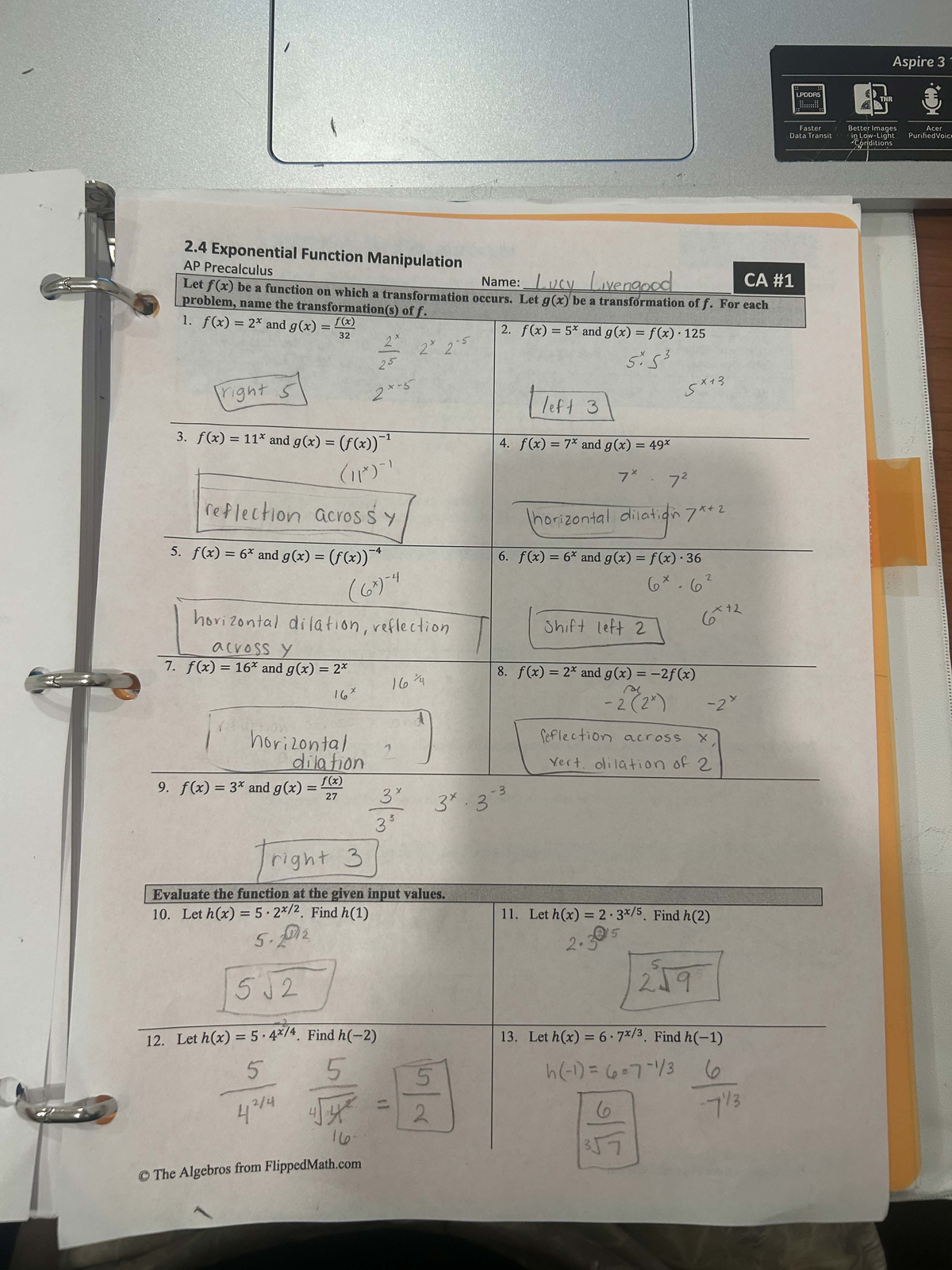 2.4 Exponential Function Transformations - AP Precalculus Homework ...