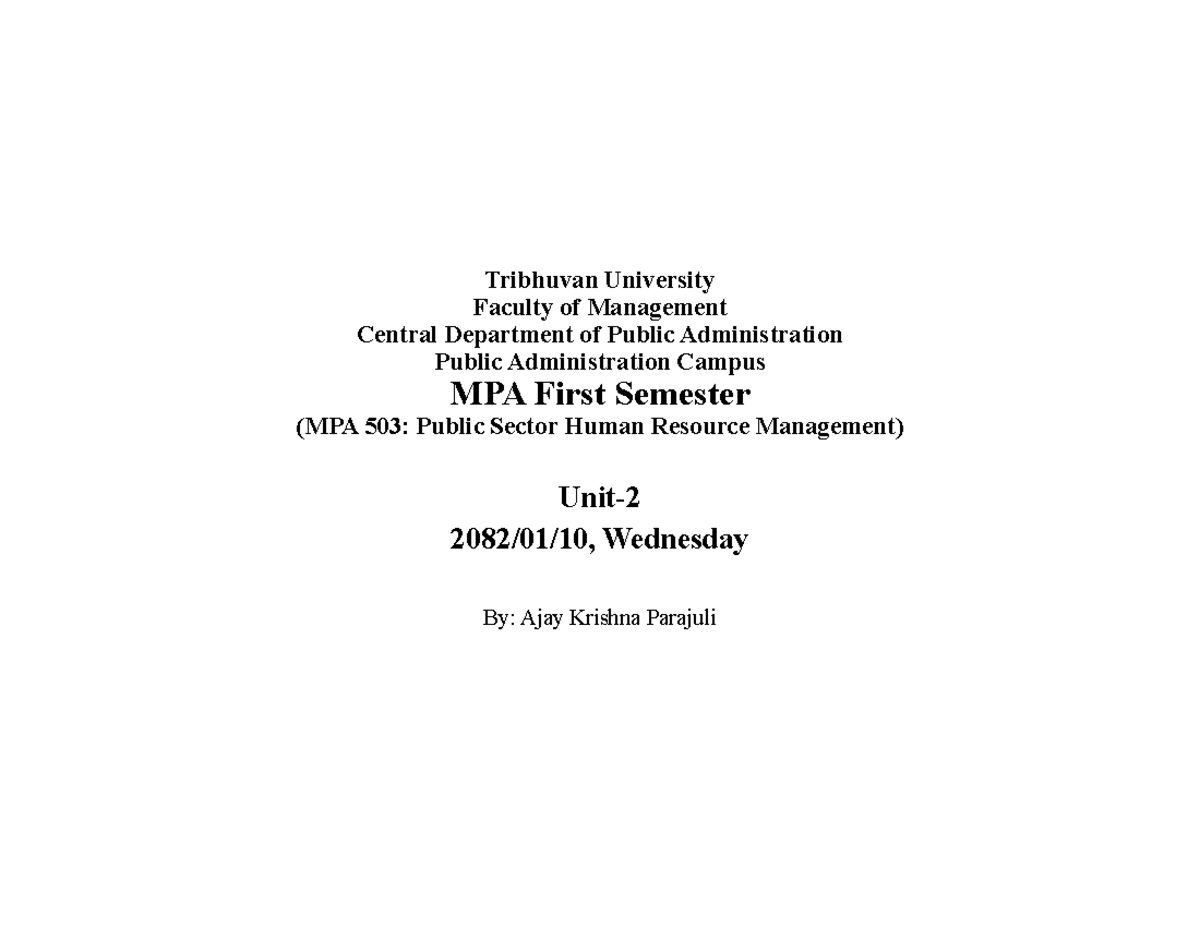 MPA 503: Public Sector Human Resource Management - Unit 2 Notes - Document Preview