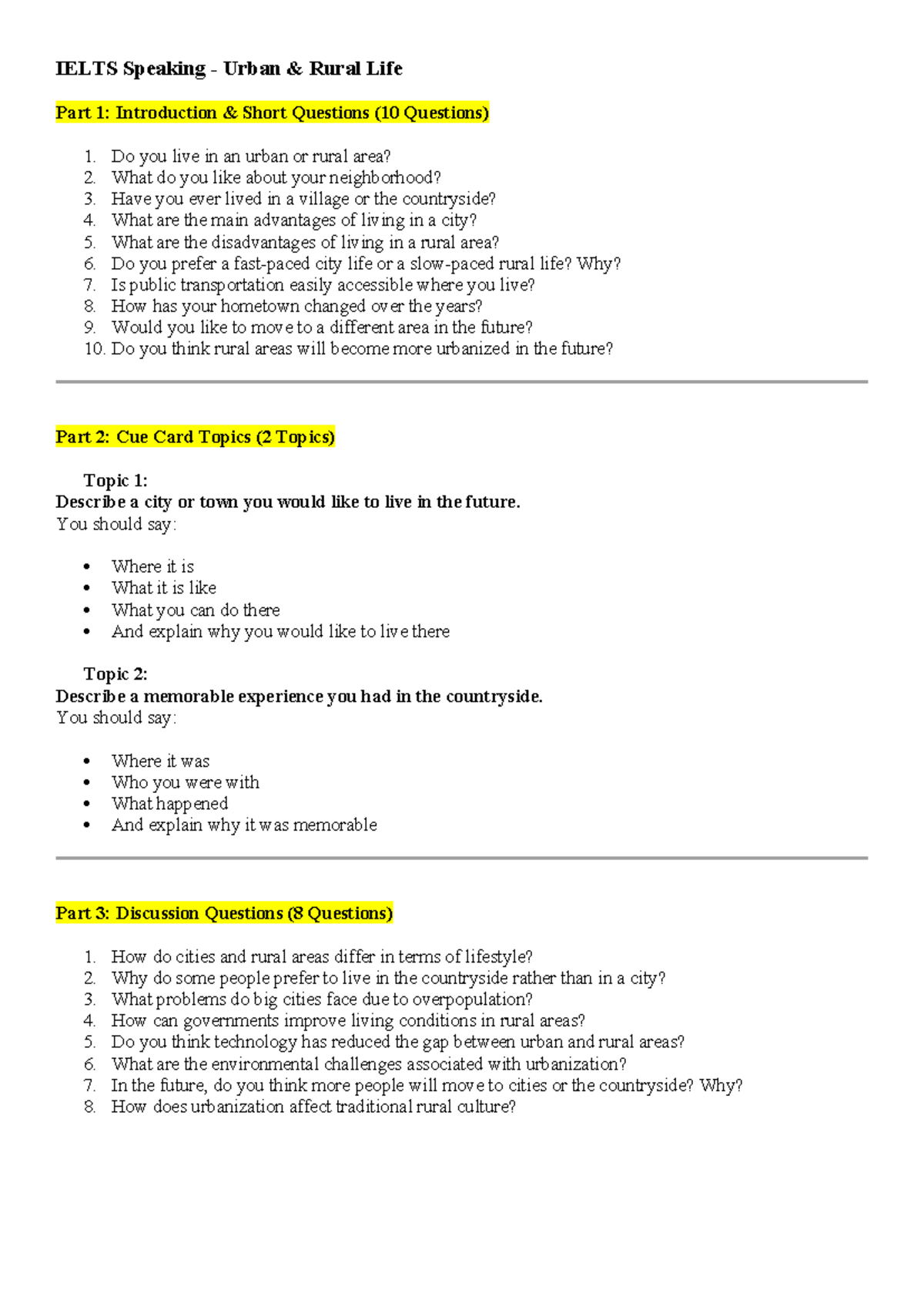 IELTS Speaking: Urban & Rural Life Questions (Part 1, 2 & 3) - Studocu