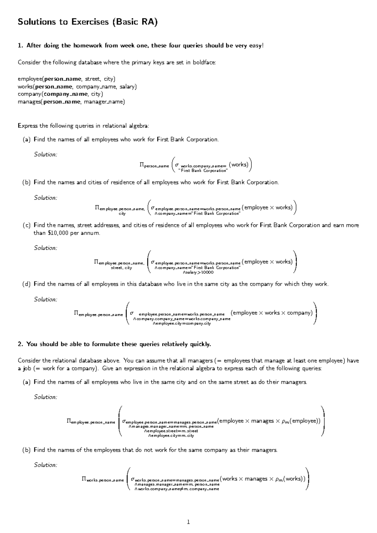 Basic RA Exercises - Solutions and Queries Analysis (CS101) - Studeersnel