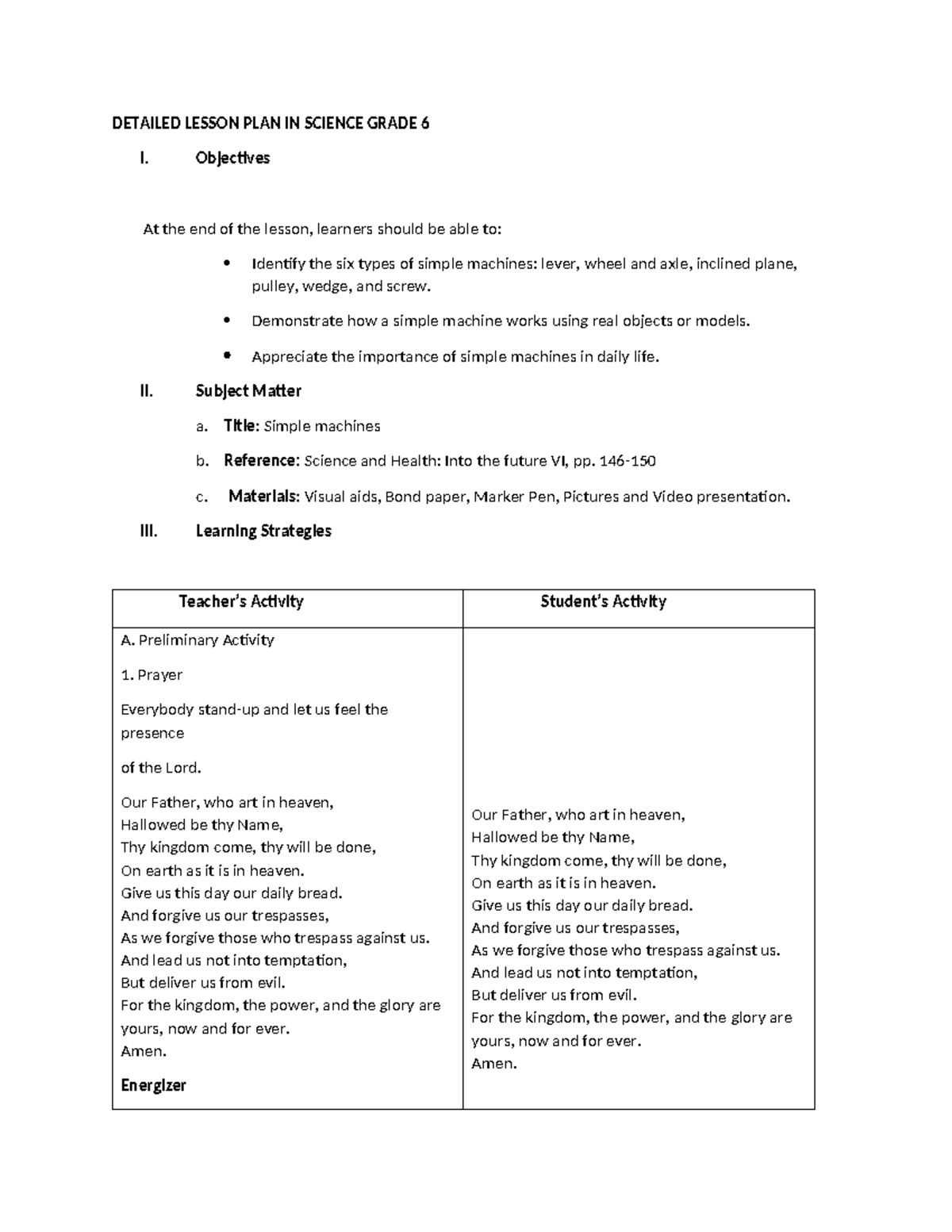 DETAILED LESSON PLAN: SIMPLE MACHINES (GRADE 6) - WEEK 2 - Studocu