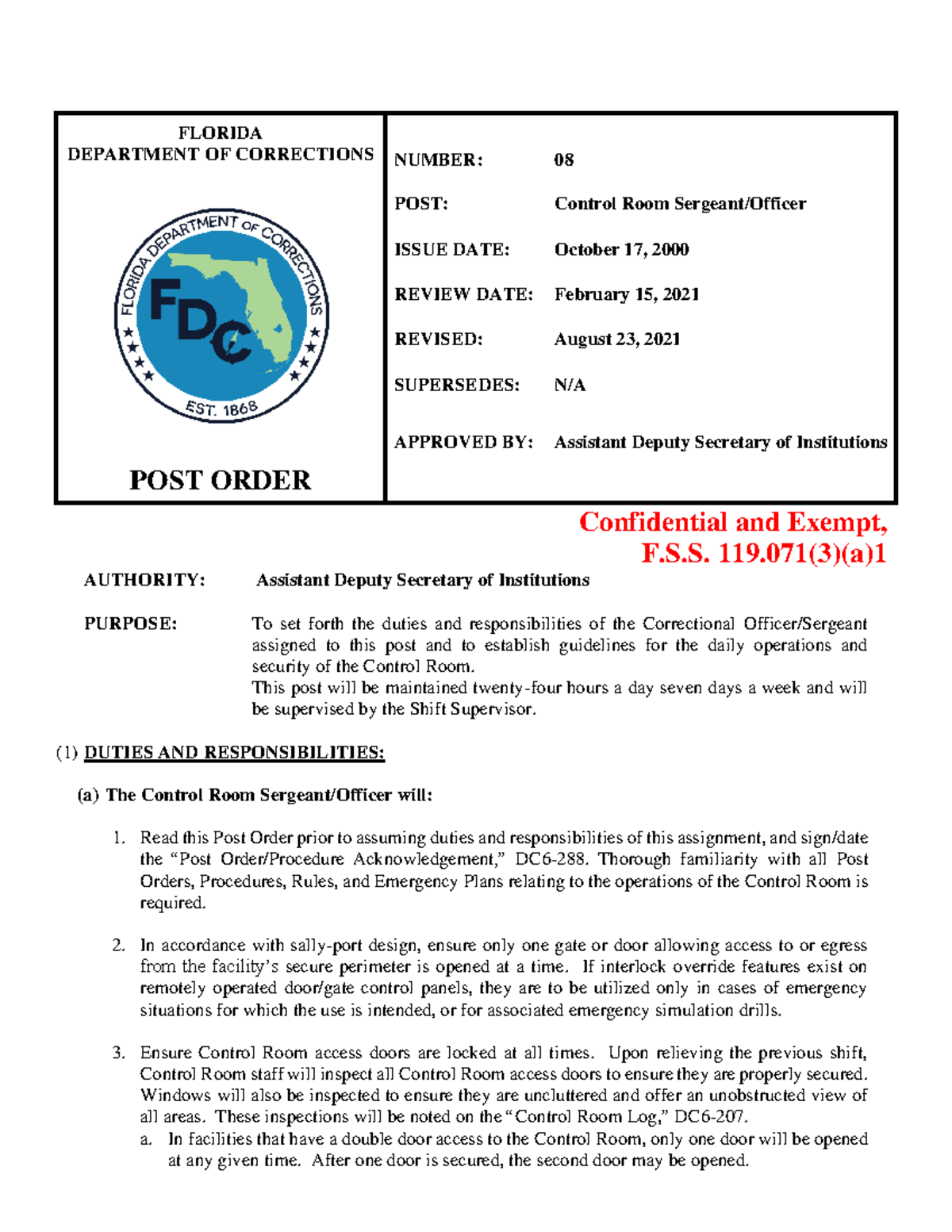 Control Room Sergeant Post Order - FL DOC 08 - Studocu