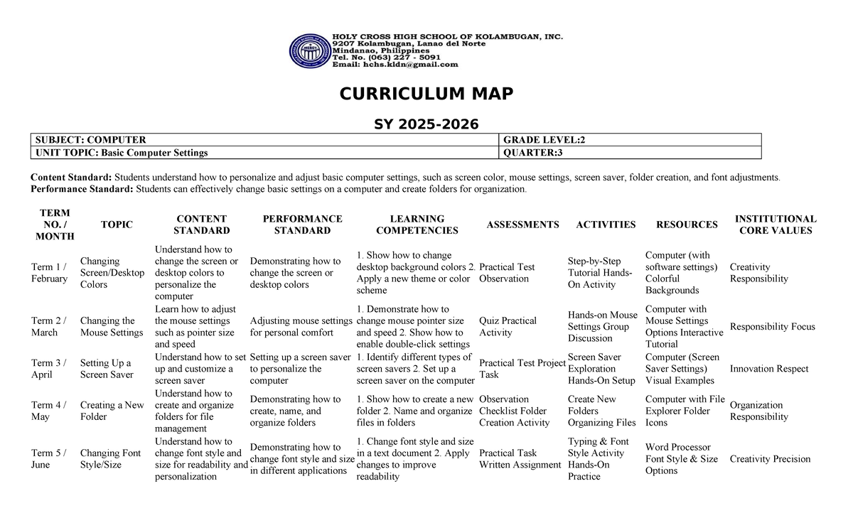 Curriculum Map GMRC 2: Basic Computer Settings Overview for Quarter 3 ...