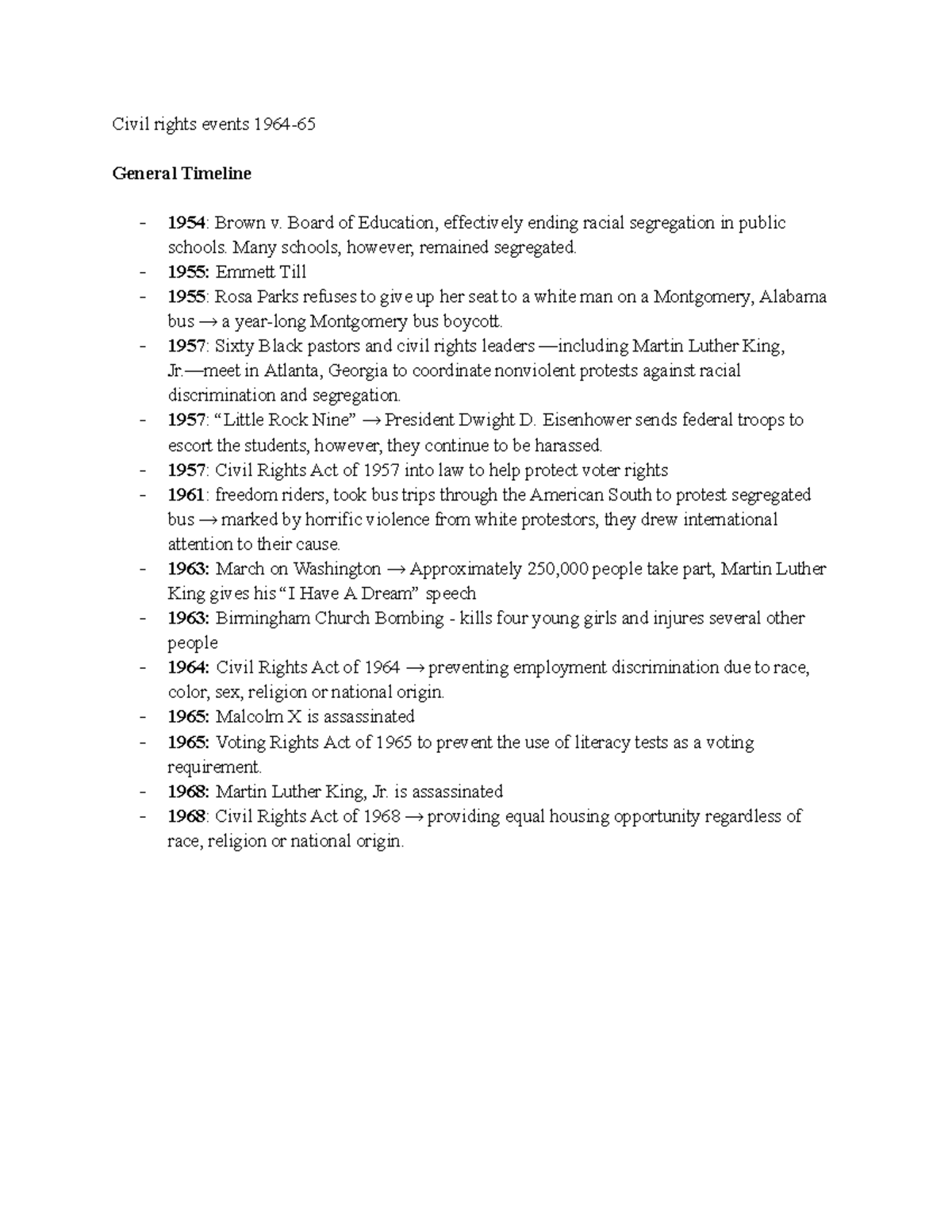 Civil Rights Movement Timeline: Key Events and Legislation (IB) - Studocu