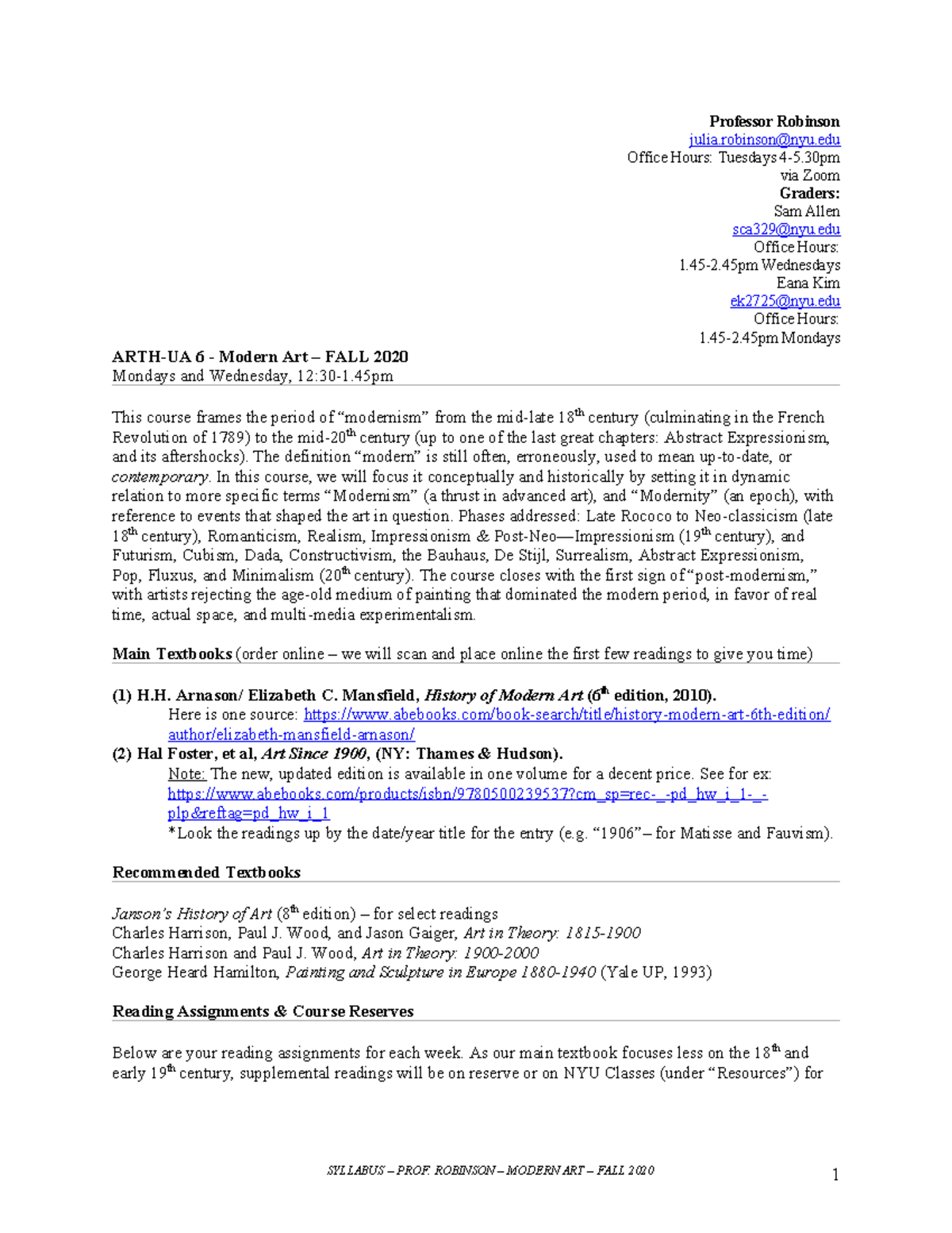 Syllabus for ARTH-UA 6: Modern Art - Fall 2020 Course Overview - Studocu
