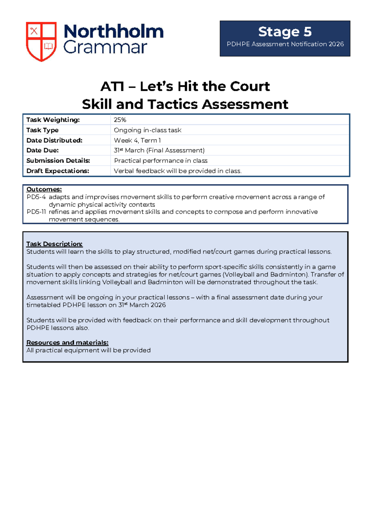 09 PDHPE AT1 - Hit the Court Skills & Tactics Assessment 2026 - Studocu