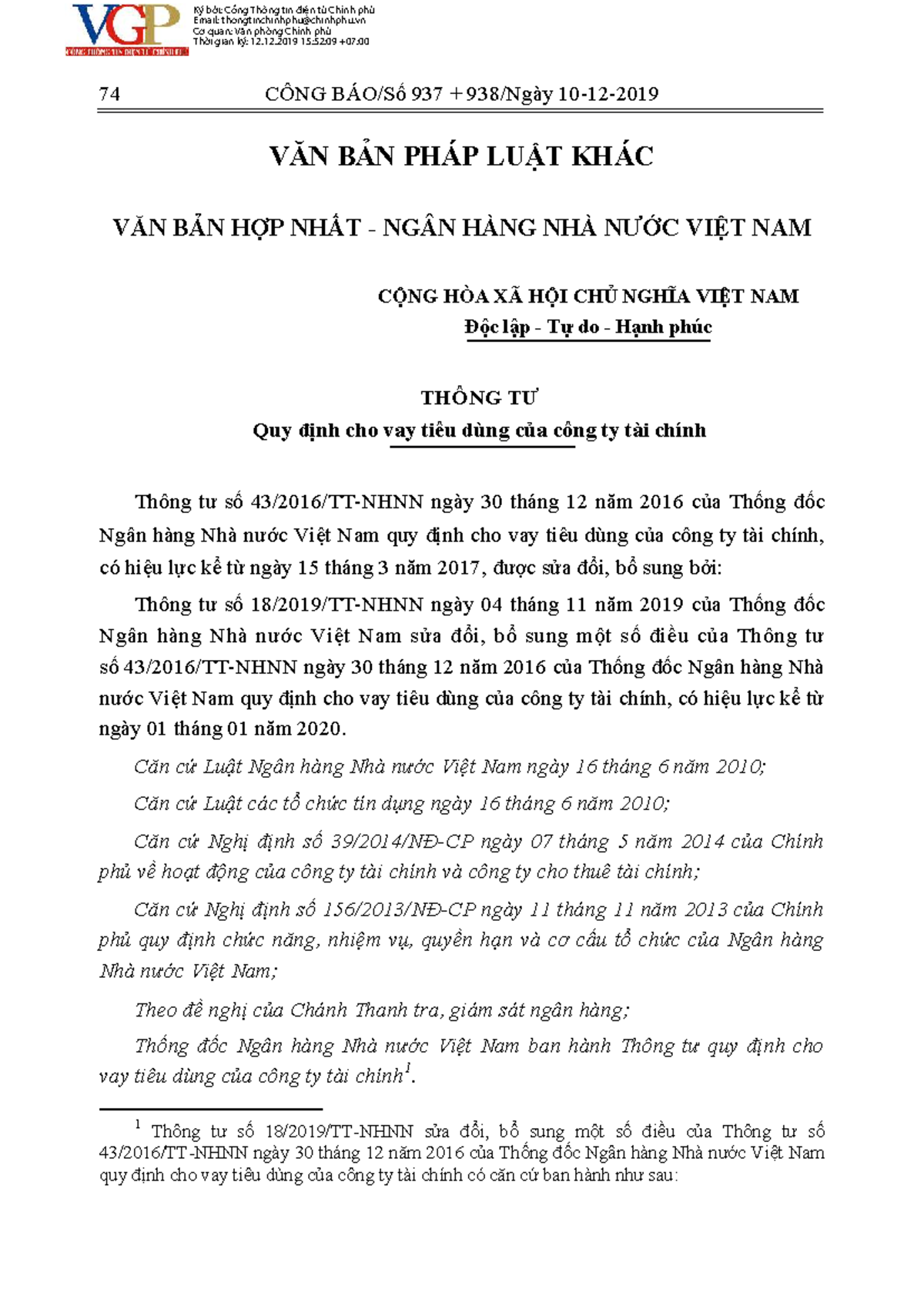 THÔNG TƯ 18 2019 NHNN QUY ĐỊNH VỀ CHO VAY TIÊU DÙNG CỦA CÔNG TY TÀI CHÍNH