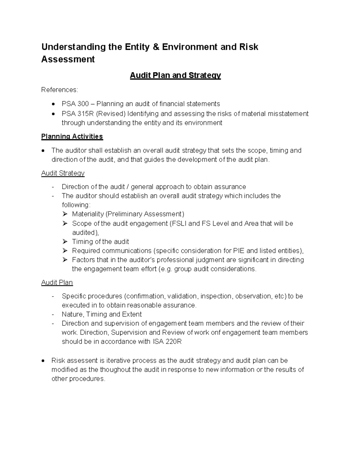 Audit Risk, Strategy and Plan (Theories) - Understanding the Entity ...