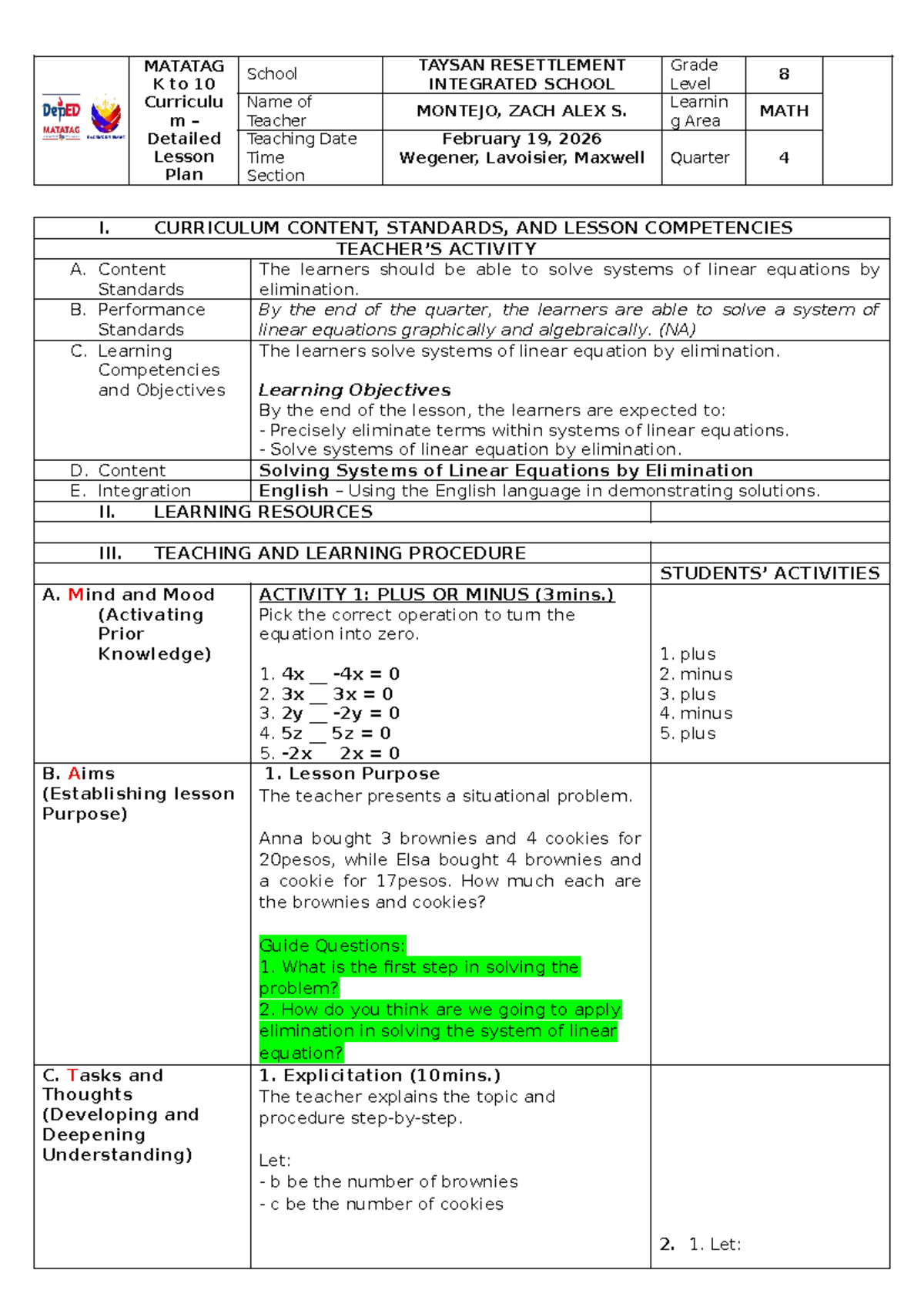 MATATAG K to 10 Math 4 Detailed Lesson Plan: Solving Linear Equations ...