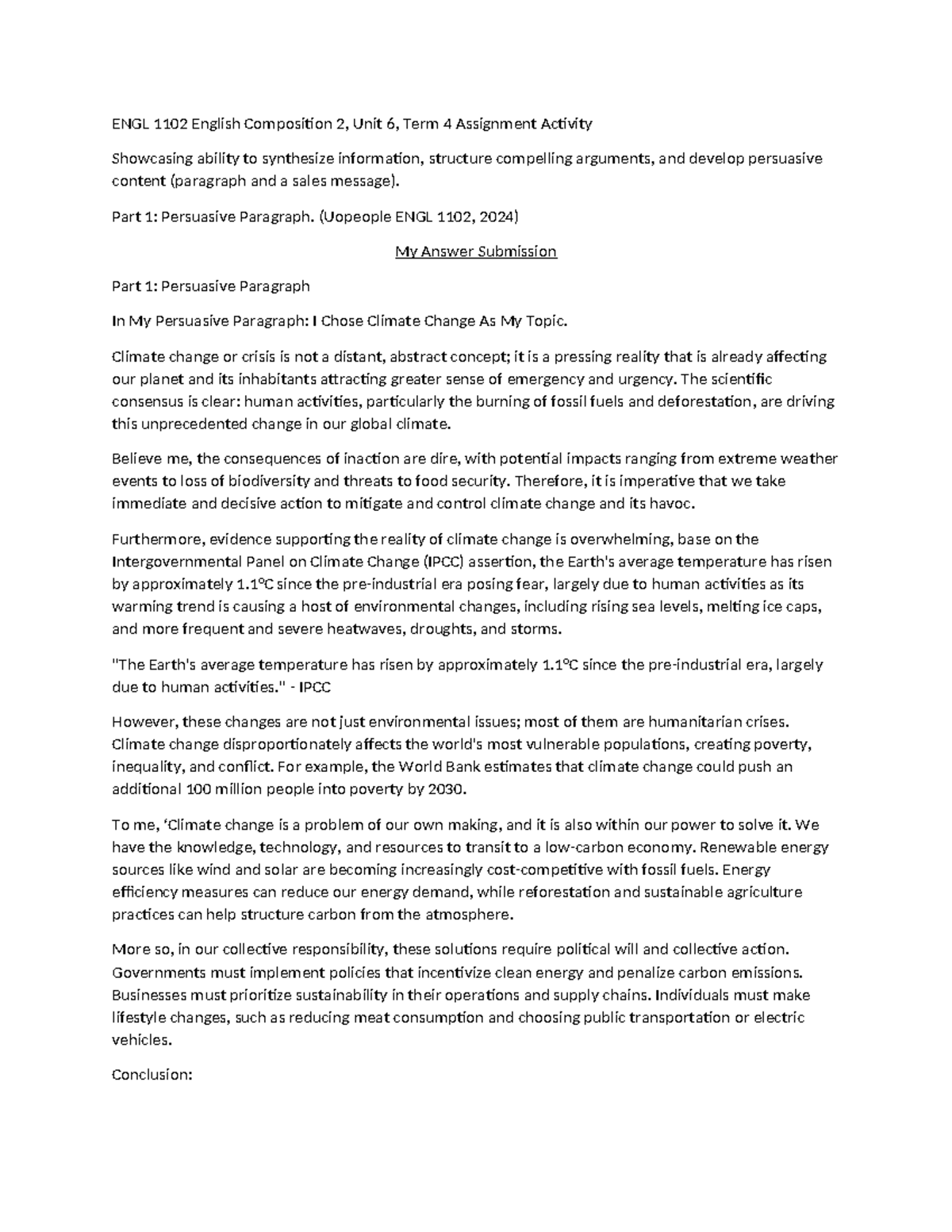 ENGL 1102 Unit 6 assignment: Persuasive paragraph and sales message ...