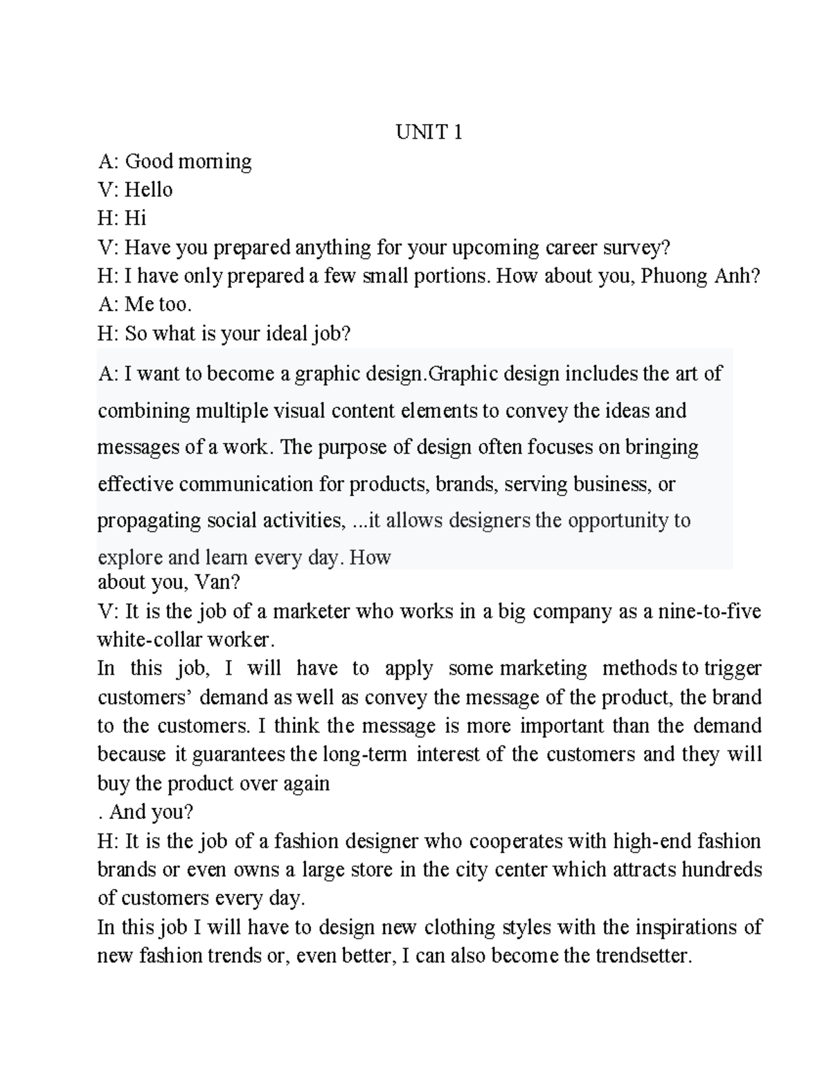 UNIT 1 - Speaking Exam Preparation: Career Aspirations and Skills - Studocu